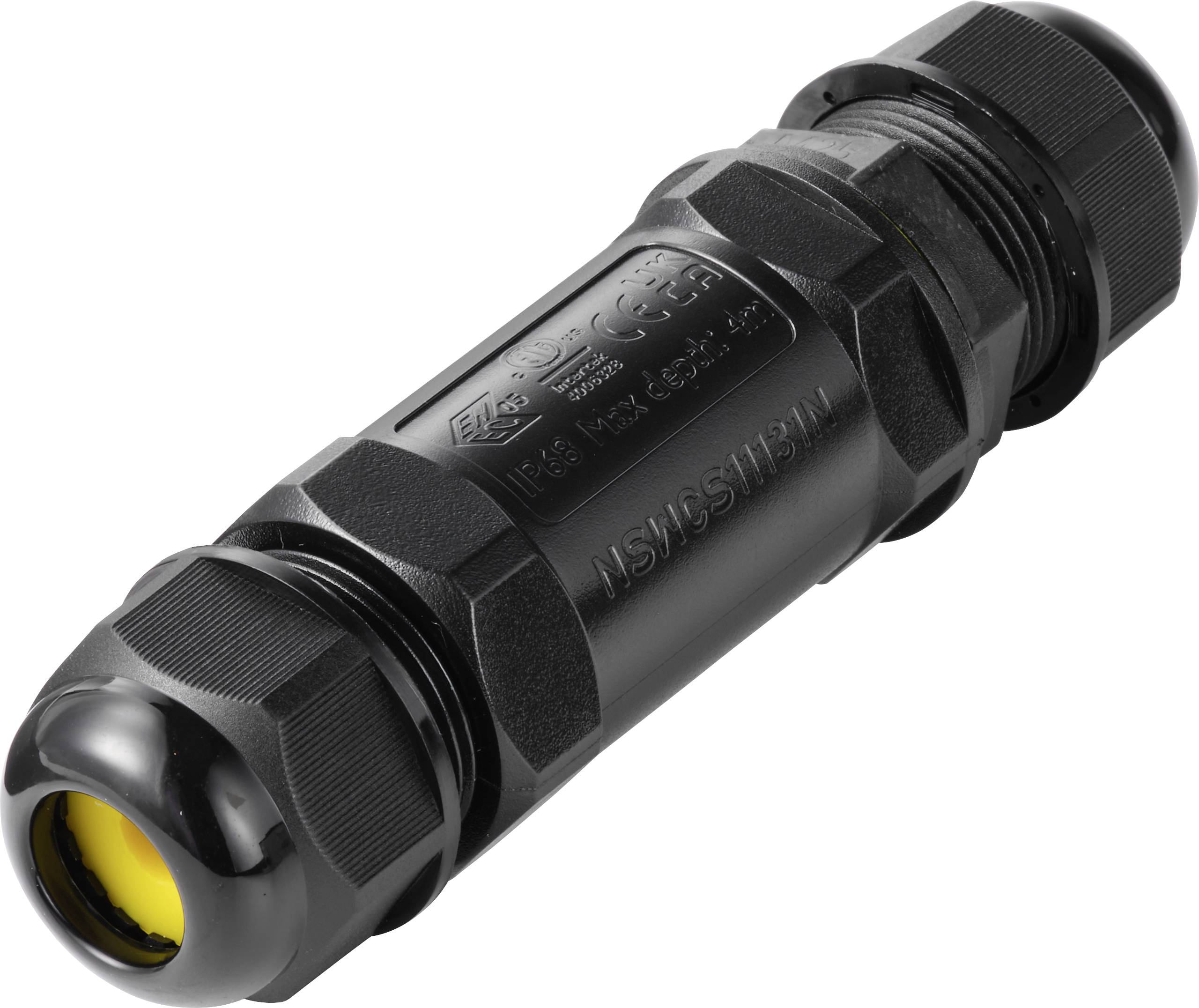 Schwarzer wasserdichter Inline-Kabelstecker mit Gewinde-Enden und einem gelb versiegelten Anschluss.
