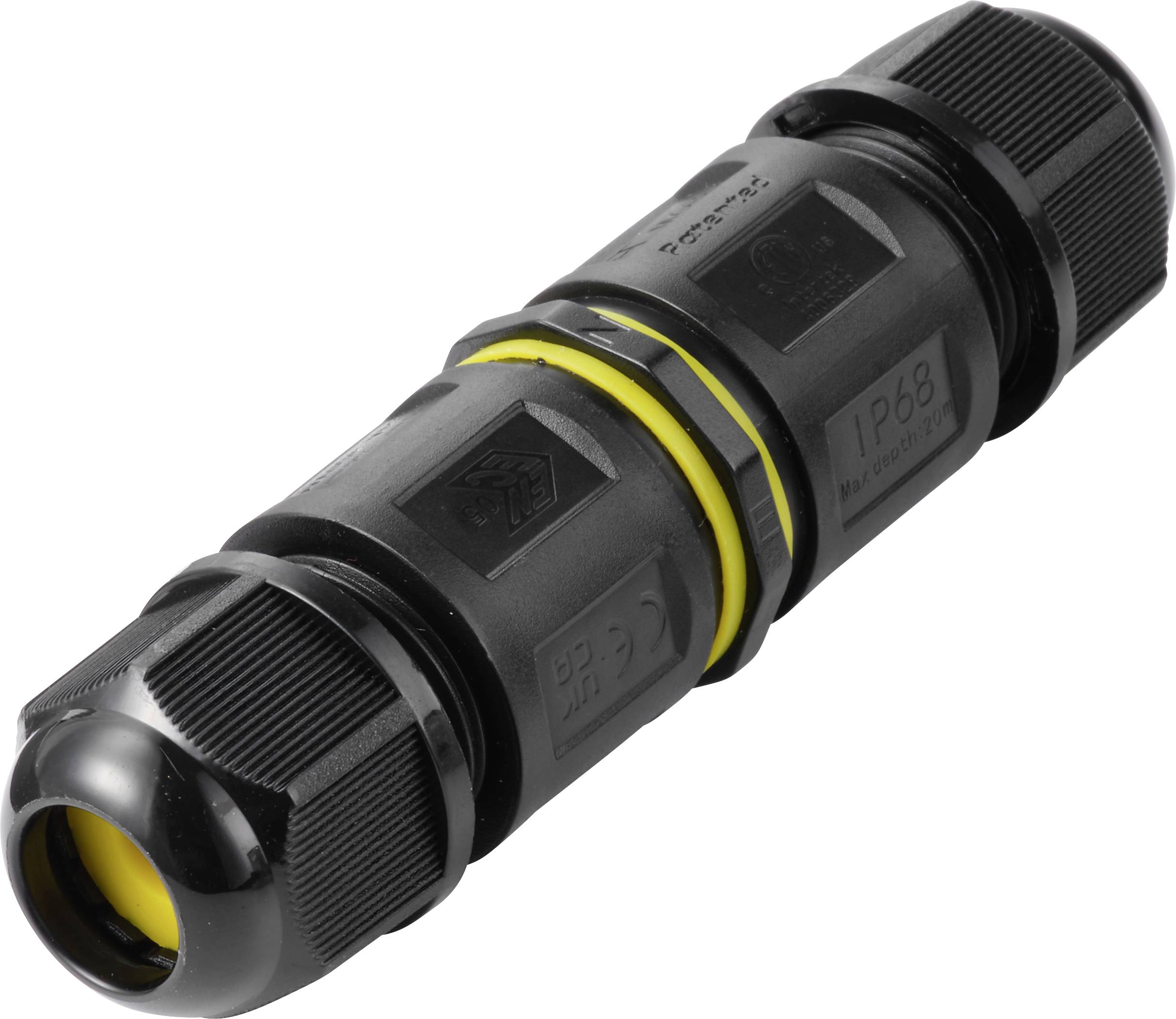 Schwarzer wasserdichter Inline-Steckverbinder mit gelben Dichtungsringen, auf weißem Hintergrund dargestellt.