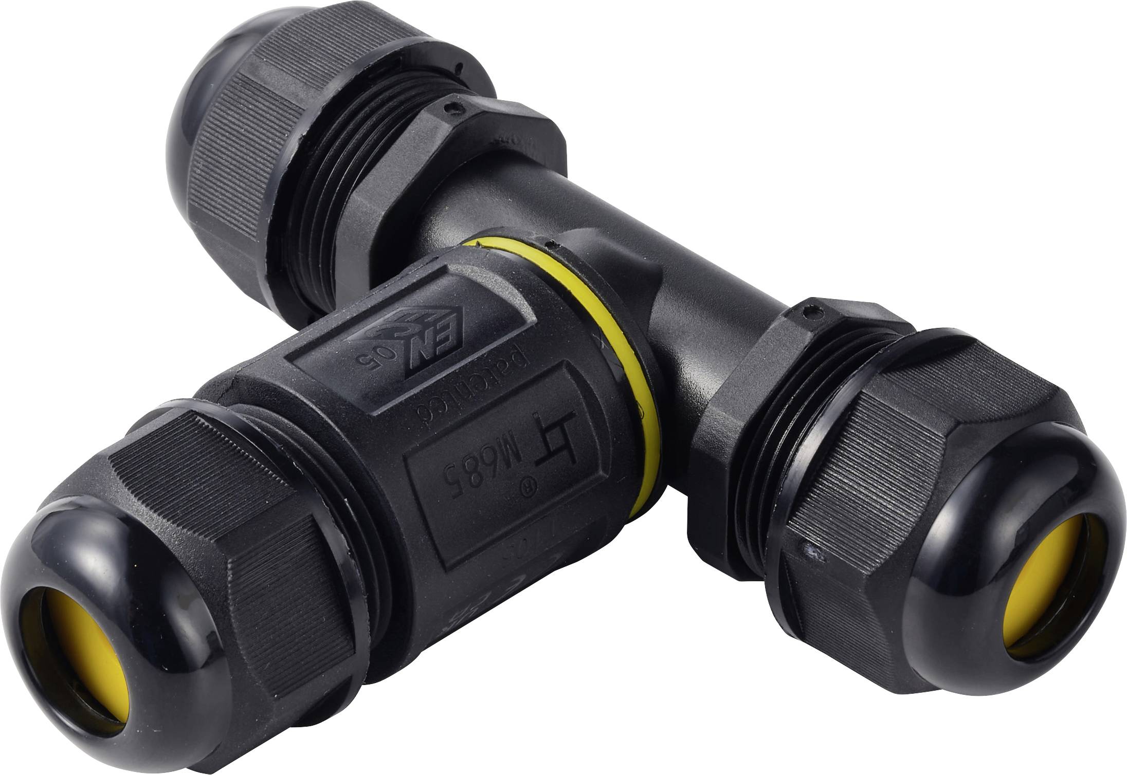 Schwarzer wasserdichter Kabelstecker-Verbinder in T-Form mit drei abgedichteten Enden und gelben Dichtungsringen, gezeigt auf weißem Hintergrund.