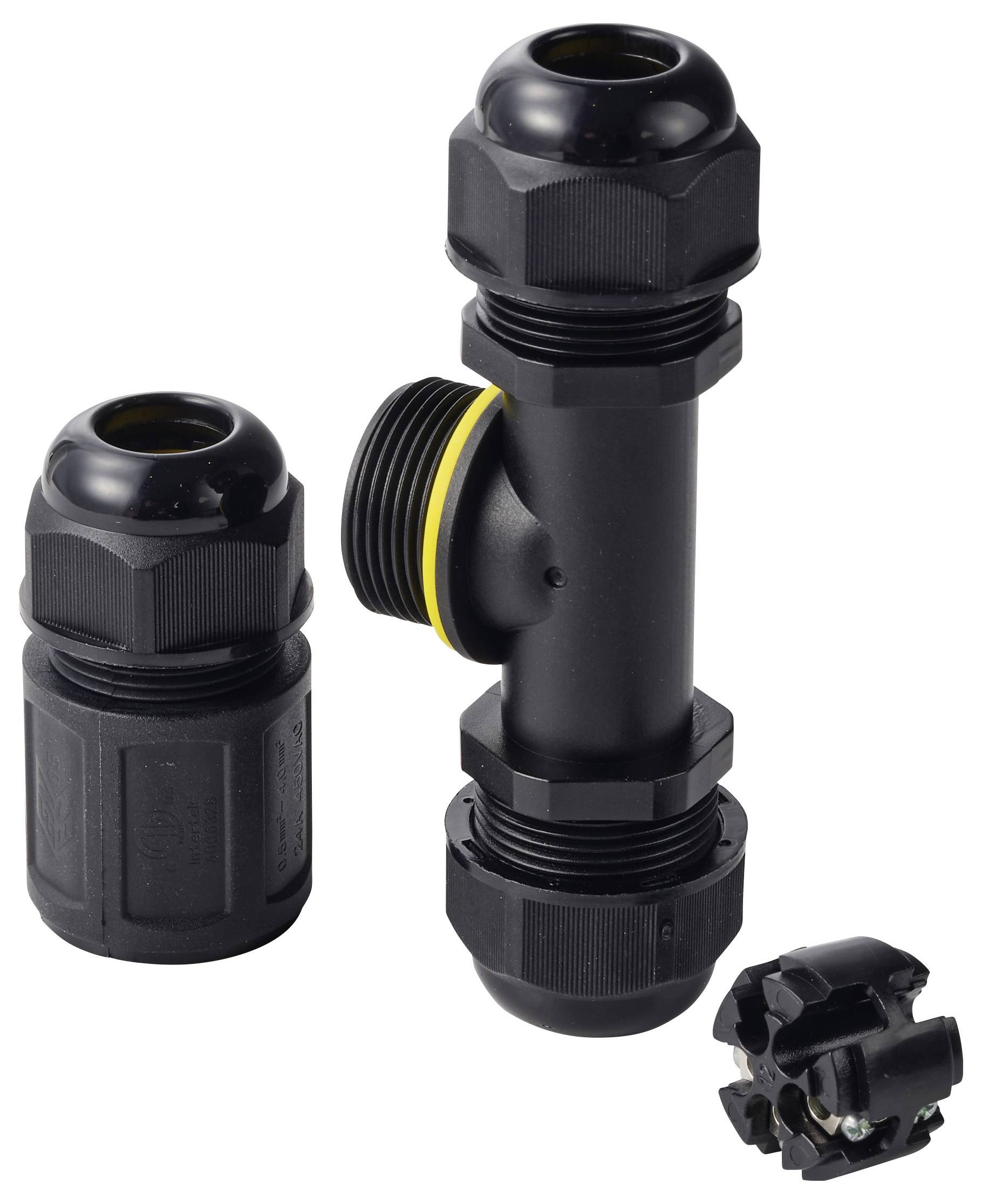 TRU COMPONENTS T-Abzweig-Kabelverbinder IP68 wasserdicht, 3 Eingänge, Schraubkontakt 3polig, 0,5 - 4,0mm² TC-14745256 Schwarz TRU