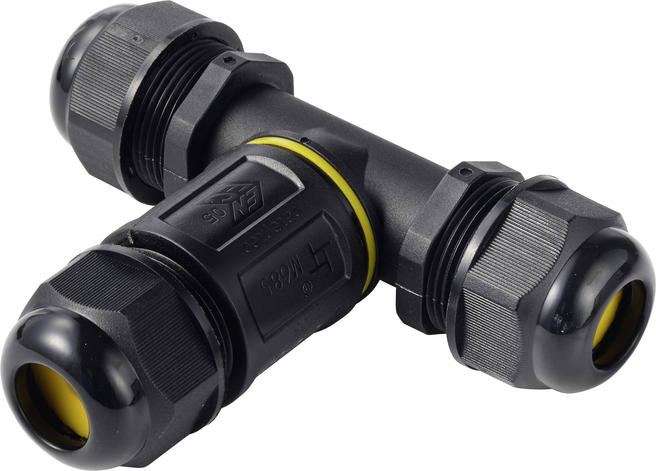 Schwarzer wasserdichter Y-förmiger Kabelstecker mit drei verschlossenen Enden und gelben Dichtungsringen auf weißem Hintergrund