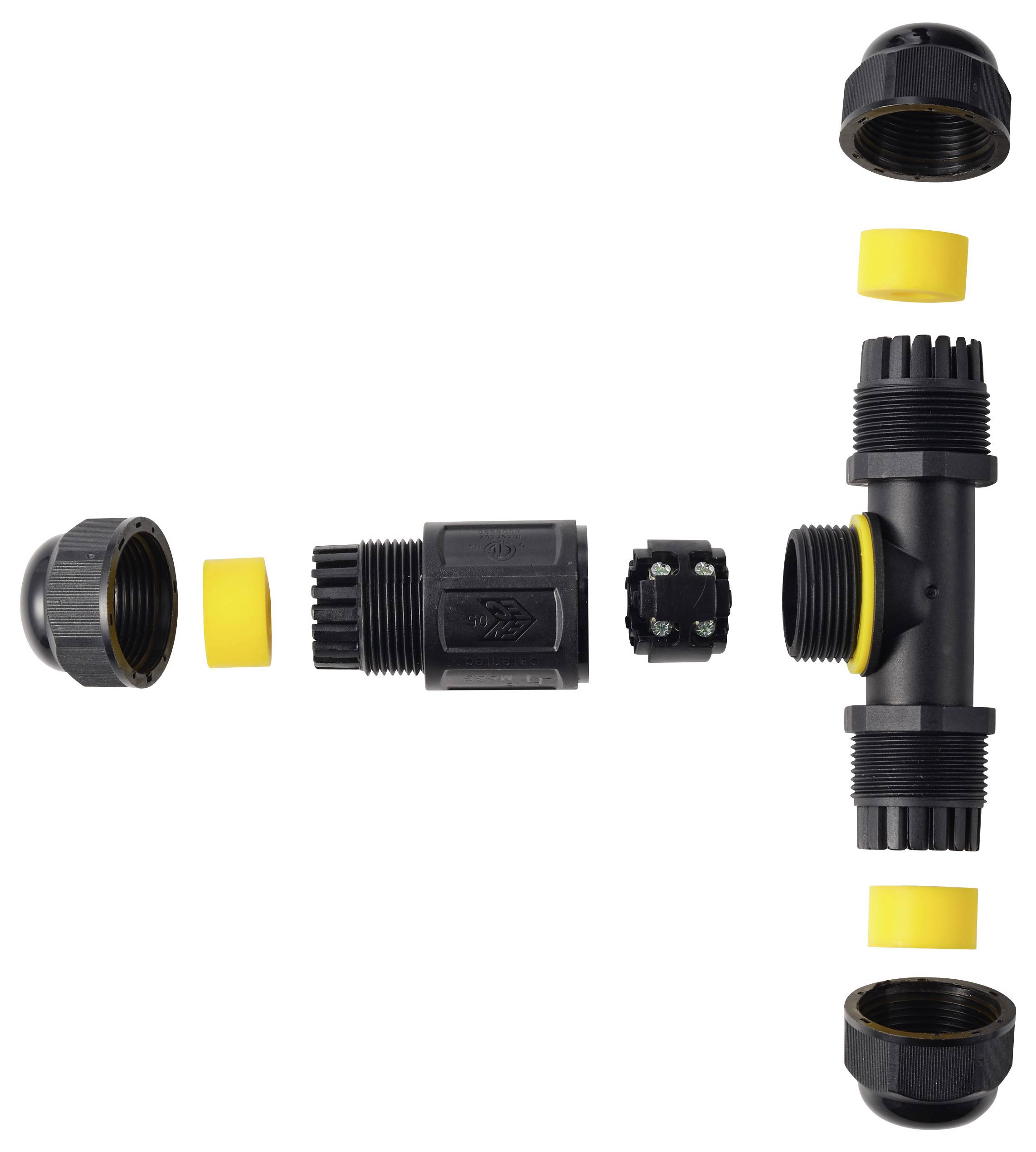 TRU COMPONENTS T-Abzweig-Kabelverbinder IP68 wasserdicht, 3 Eingänge, Schraubkontakt 5polig, 0,5 - 4,0mm² TC-14745260 Schwarz TRU