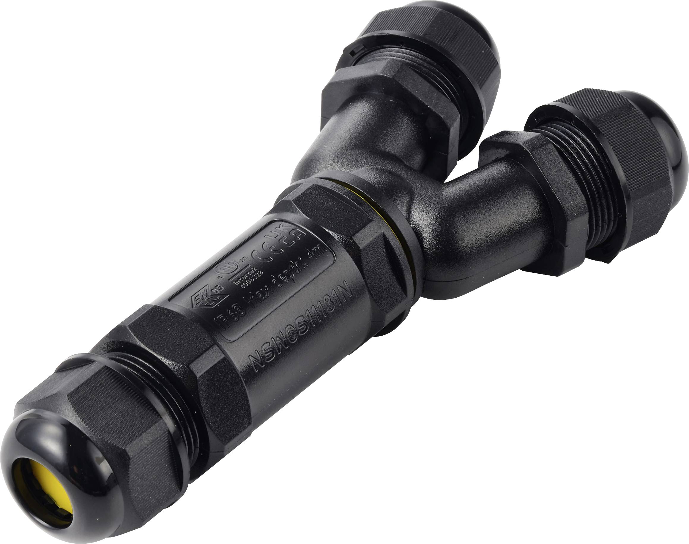 Schwarzer Y-förmiger wasserdichter Kabelstecker mit drei Gewinde-Anschlussports auf weißem Hintergrund.
