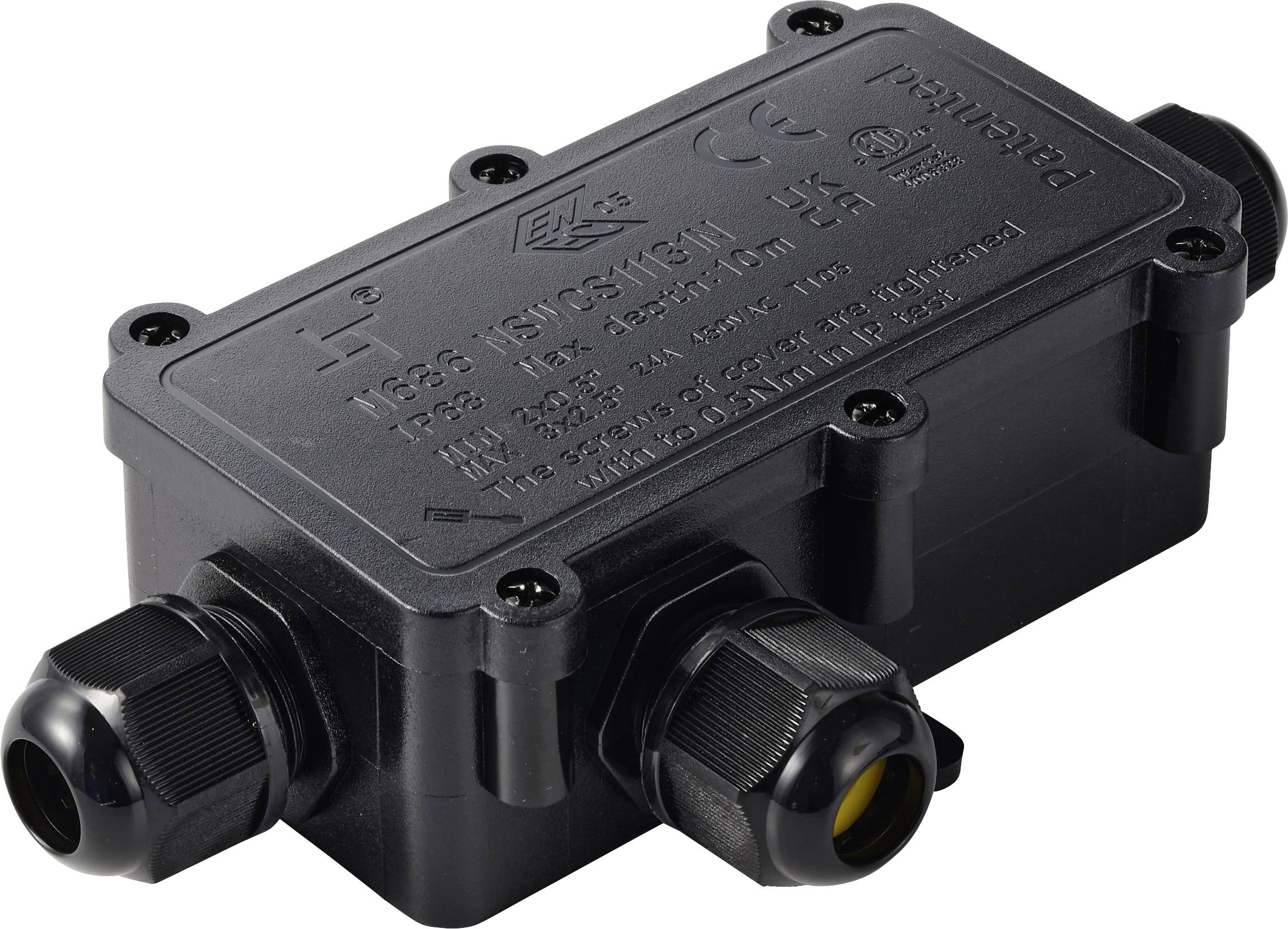 Schwarze wasserdichte Elektroverteilerdose mit zwei Kabelstutzen/Steckverbindern auf weißem Hintergrund.