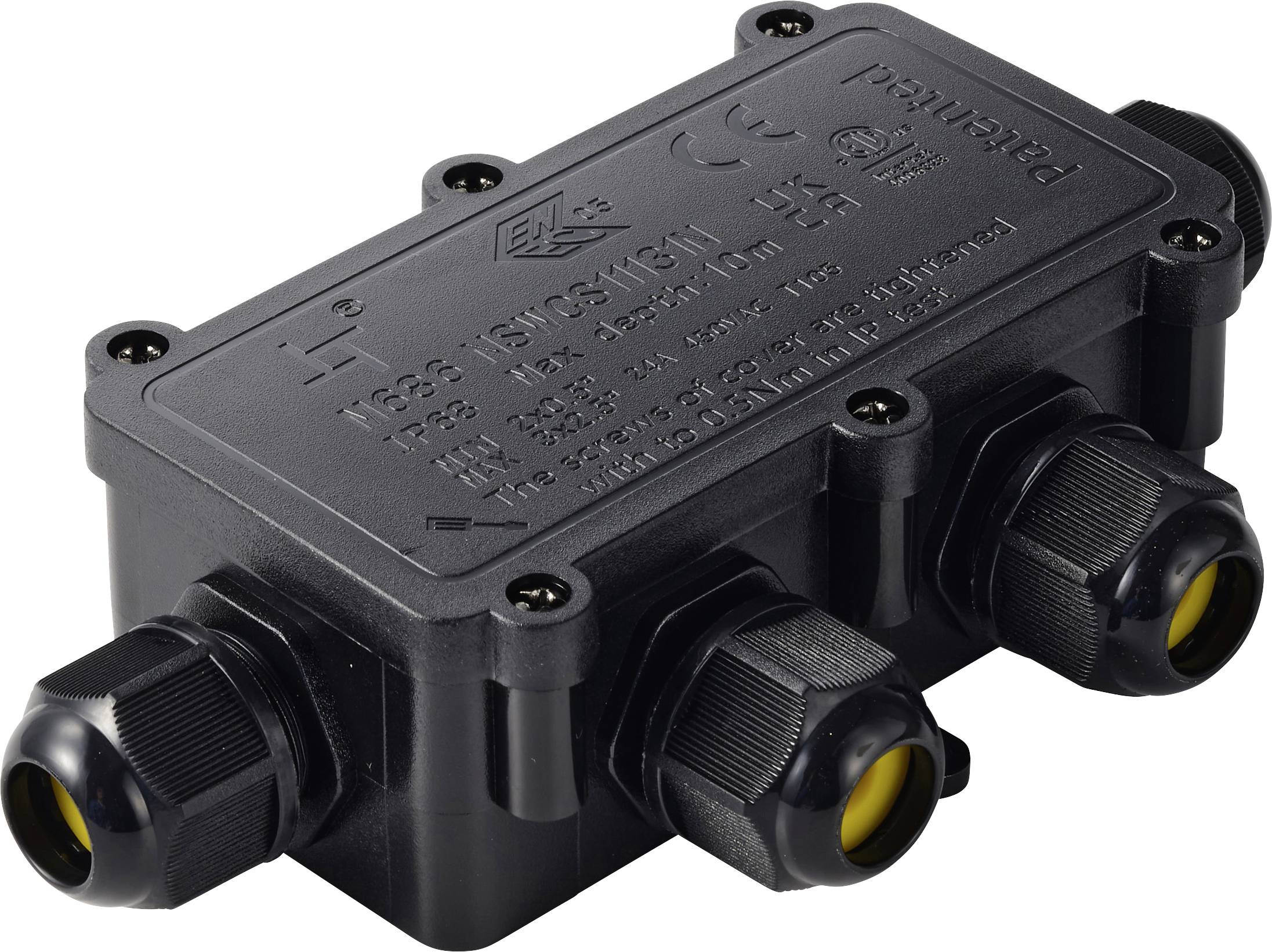 Schwarze wasserdichte Elektro-Verteilerdose mit drei Kabeleinführungen und aufschraubbarem Deckel.