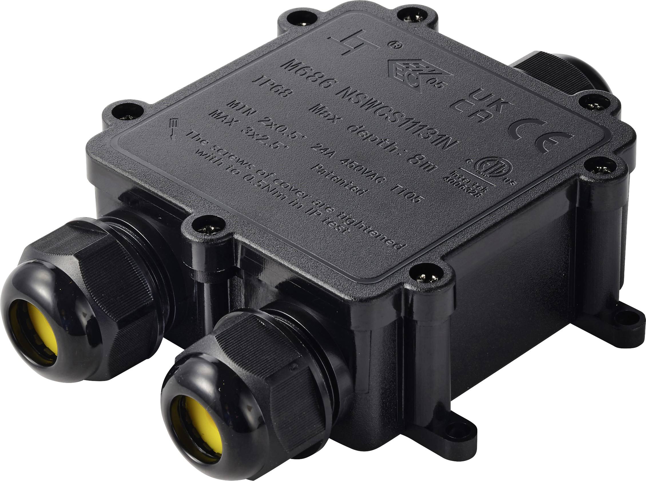 Schwarze elektrische Abzweigdose mit zwei Kabelverschraubungen und geprägter technischer Beschriftung auf dem Deckel