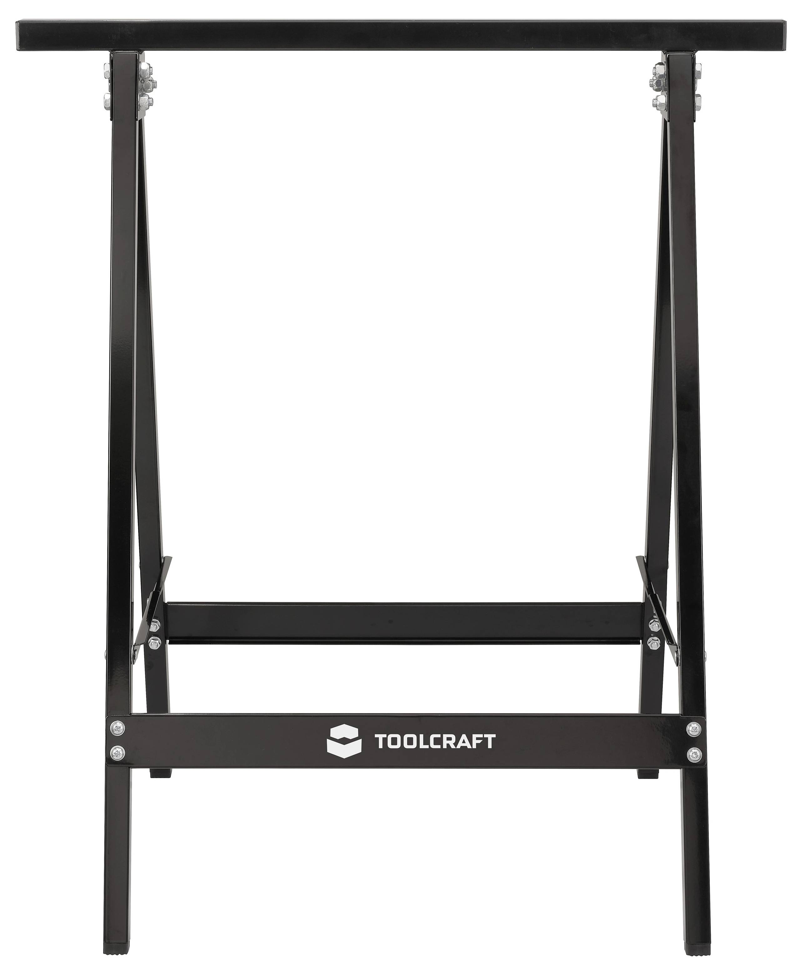 Schwarzer Toolcraft-Sägebock im Stil eines Gestells mit einer oberen Stützleiste und klappbaren Metallbeinen, vor weißem Hintergrund dargestellt.