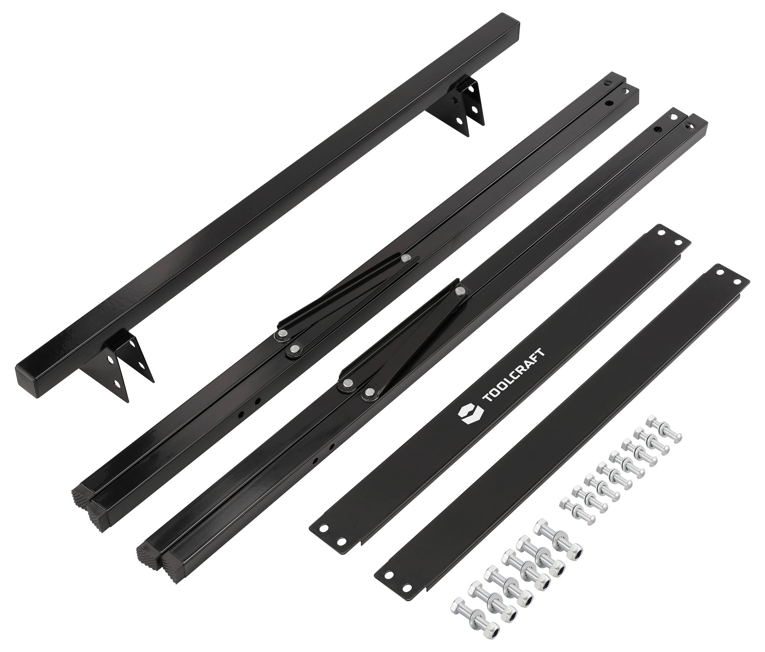 ToolCraft Schwarzes Metallschiebetürbeschlag-Set mit Schiene, Halterungen, Gleisen und Montageschrauben auf weißem Hintergrund angeordnet