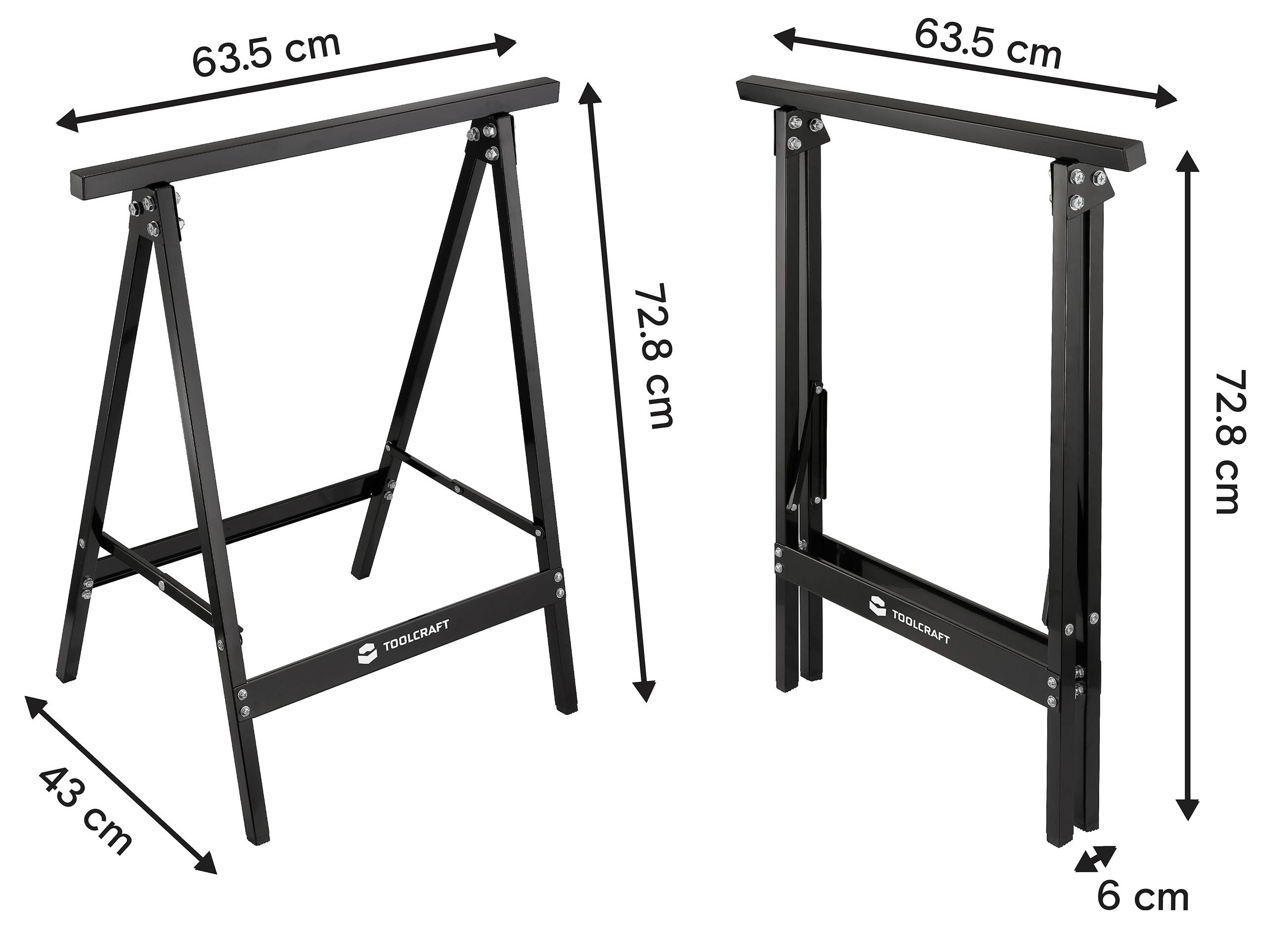 Schwarzes Klappbock-Sägegestell in geöffneter und zusammengeklappter Position dargestellt, mit beschrifteten Abmessungen von 63,5 cm Breite, 72,8 cm Höhe und 43 cm Tiefe bei geöffneter Position, 6 cm Tiefe zusammengeklappt.