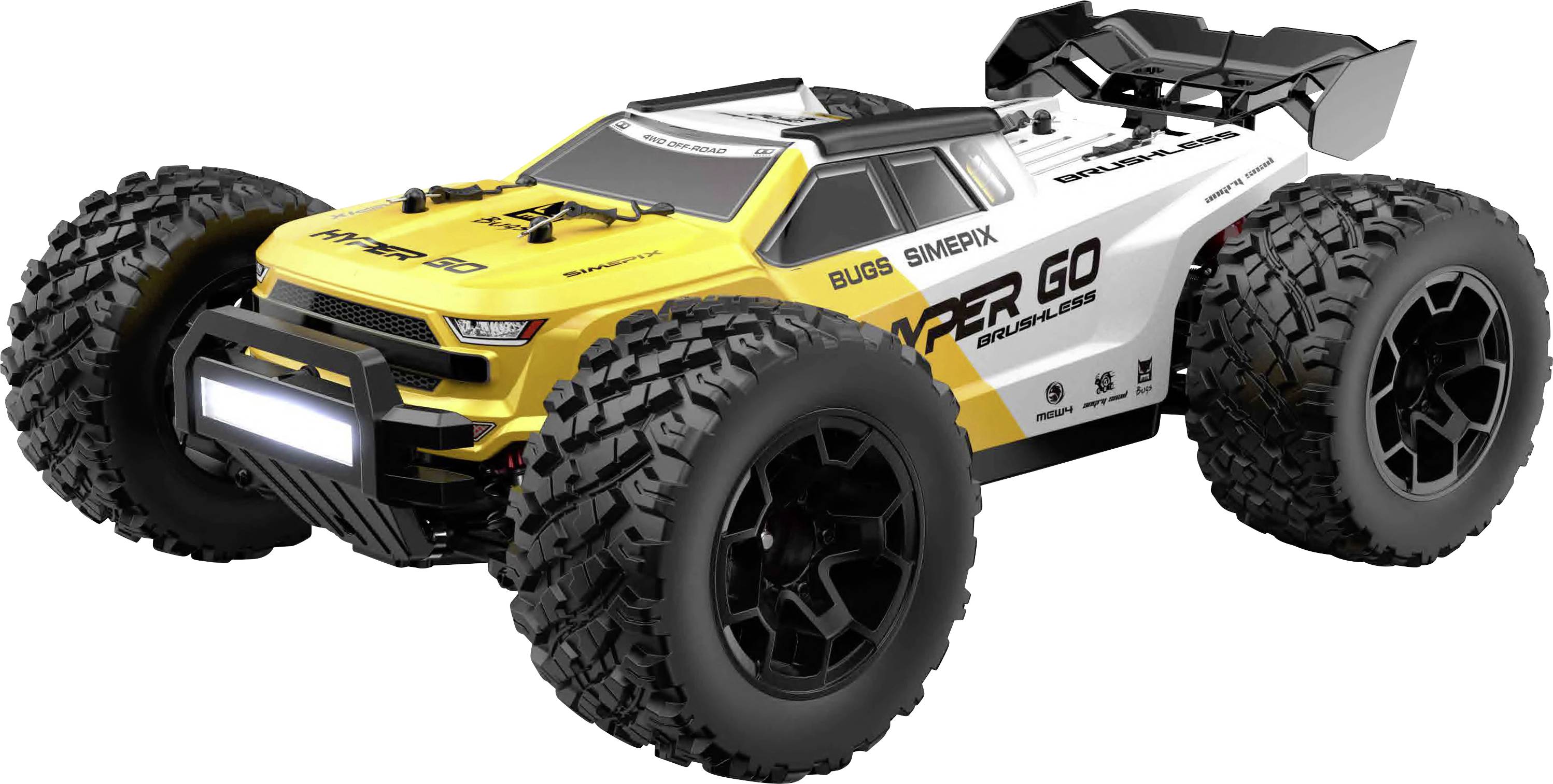 Gelb-weißer Gelände-Fernsteuerungs-Buggy mit großen Stollen-Reifen, Heckflügel und 