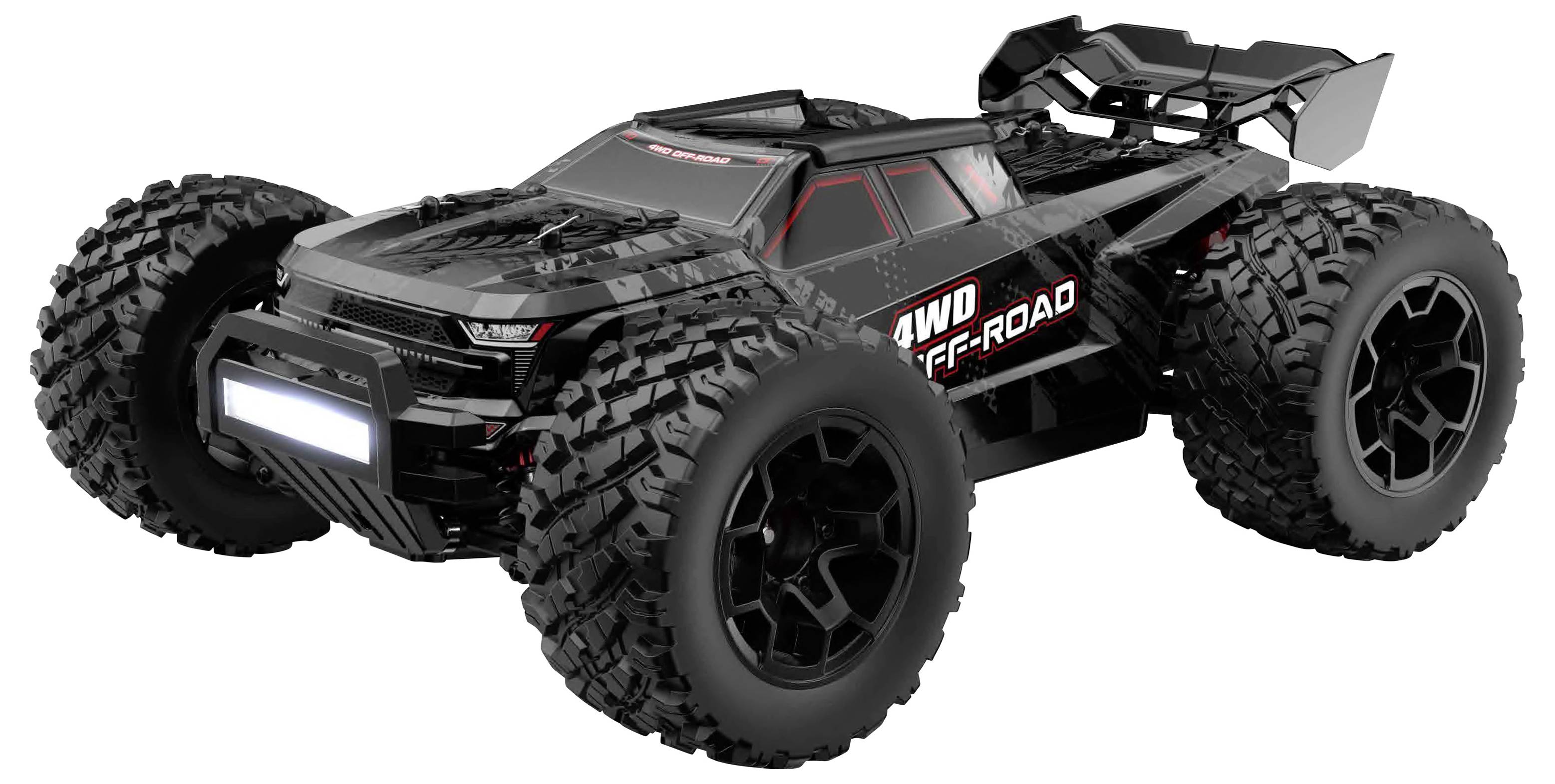 Schwarzer RC-Geländewagen mit übergroßen Reifen, vorderer Lichtleiste und '4WD OFF-ROAD'-Branding auf weißem Hintergrund.