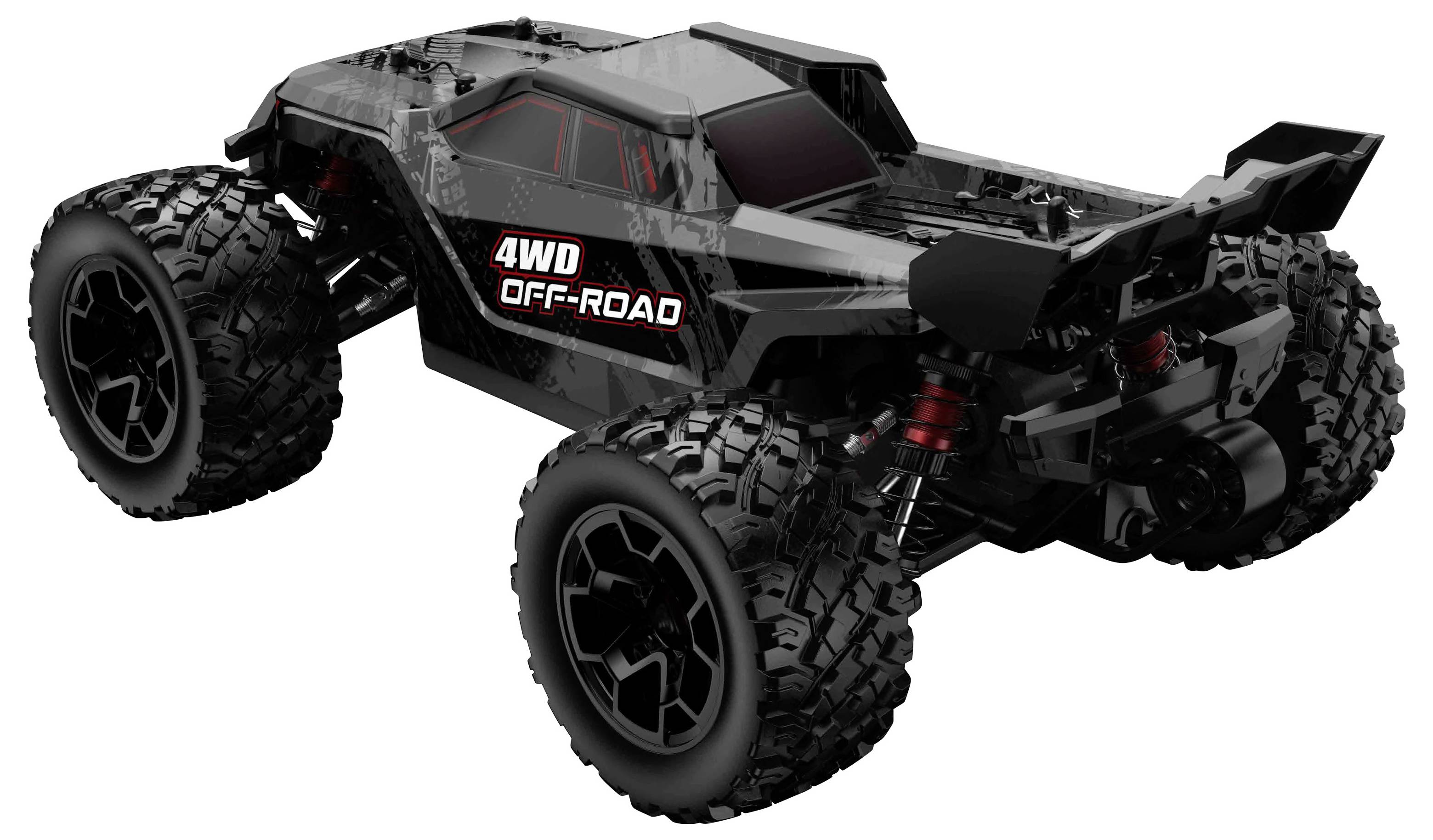 Schwarzer 4WD Gelände-RC-Buggy mit übergroßen Reifen und roter Aufhängung, gezeigt auf weißem Hintergrund.