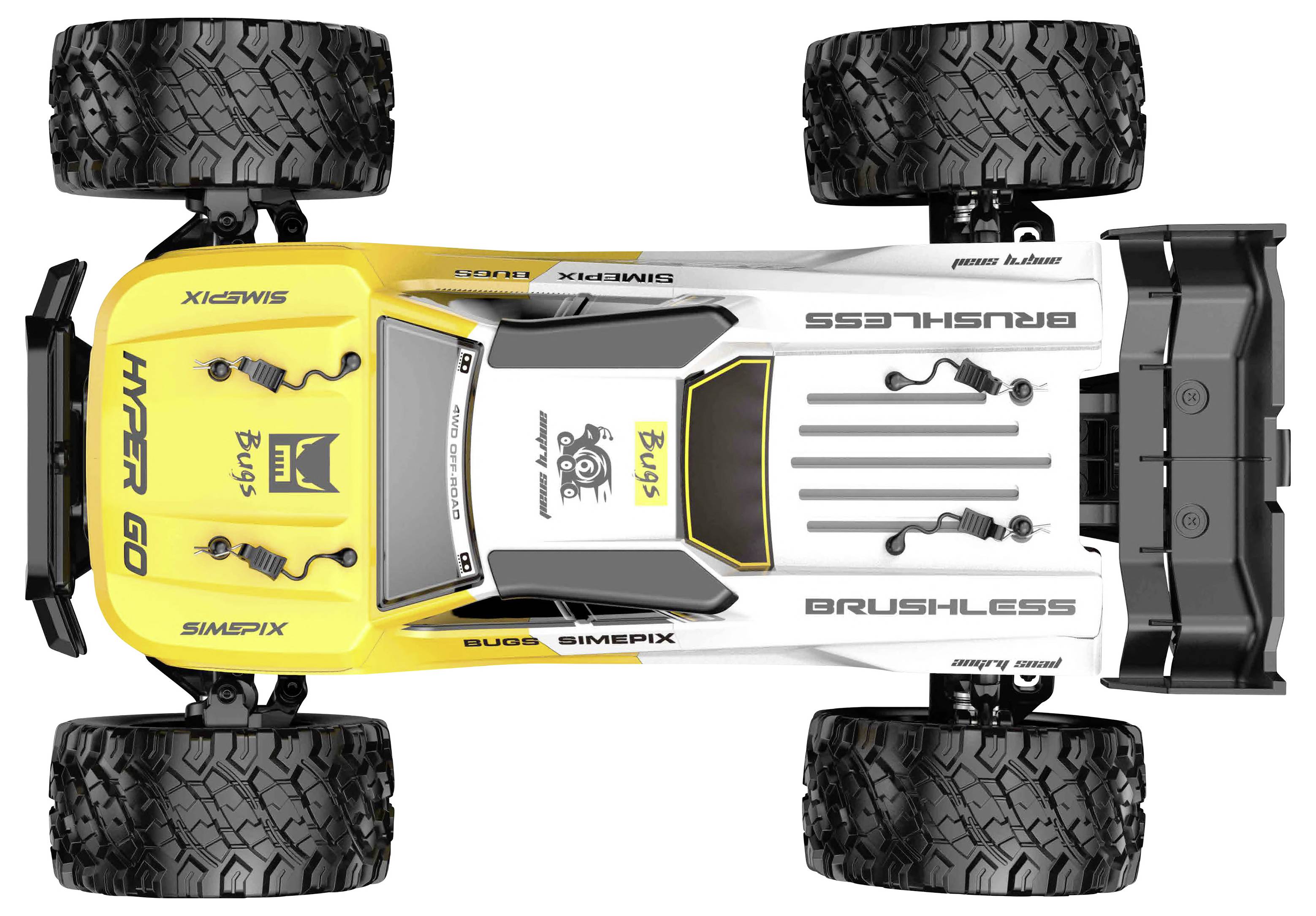 Draufsicht auf ein gelbes, weißes und schwarzes Gelände-RC-Buggy mit großen Noppen-Reifen und "HYPER GO"- und "BRUSHLESS"-Branding.
