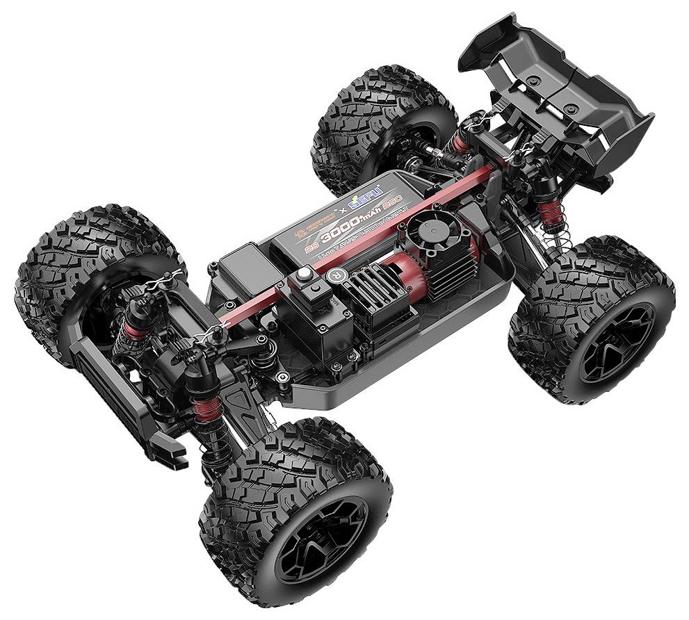 Gelände-RC-Auto-Chassis mit großen Noppen-Reifen, freiliegender Aufhängung, Batterie, Motor und Heckflügel auf weißem Hintergrund.