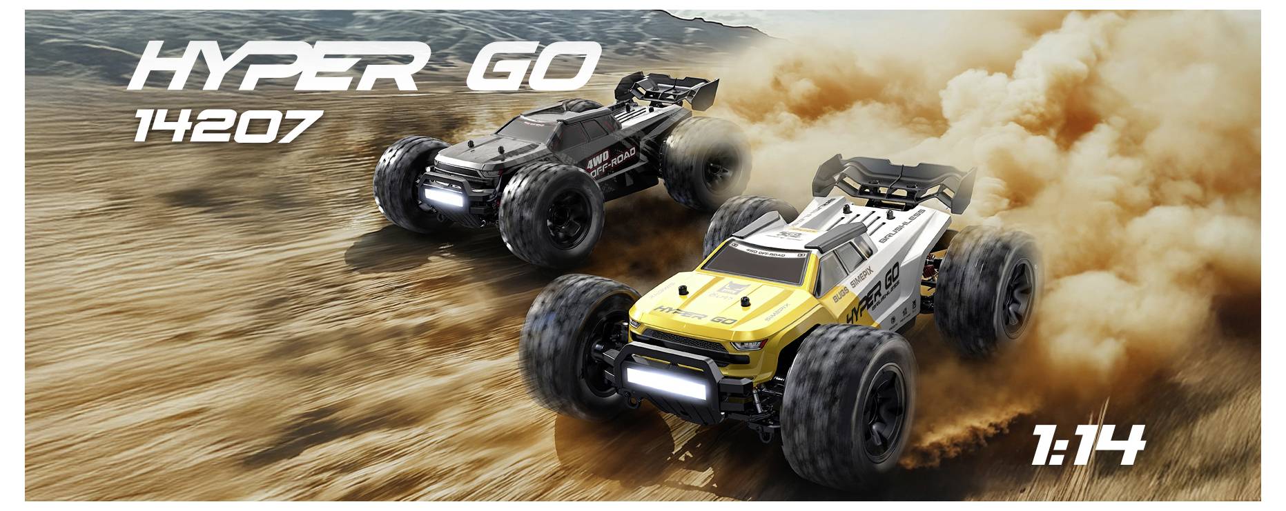 Zwei ferngesteuerte Geländewagen, die durch Staub rasen, mit den Bezeichnungen „HYPER GO 14207" und „1:14".