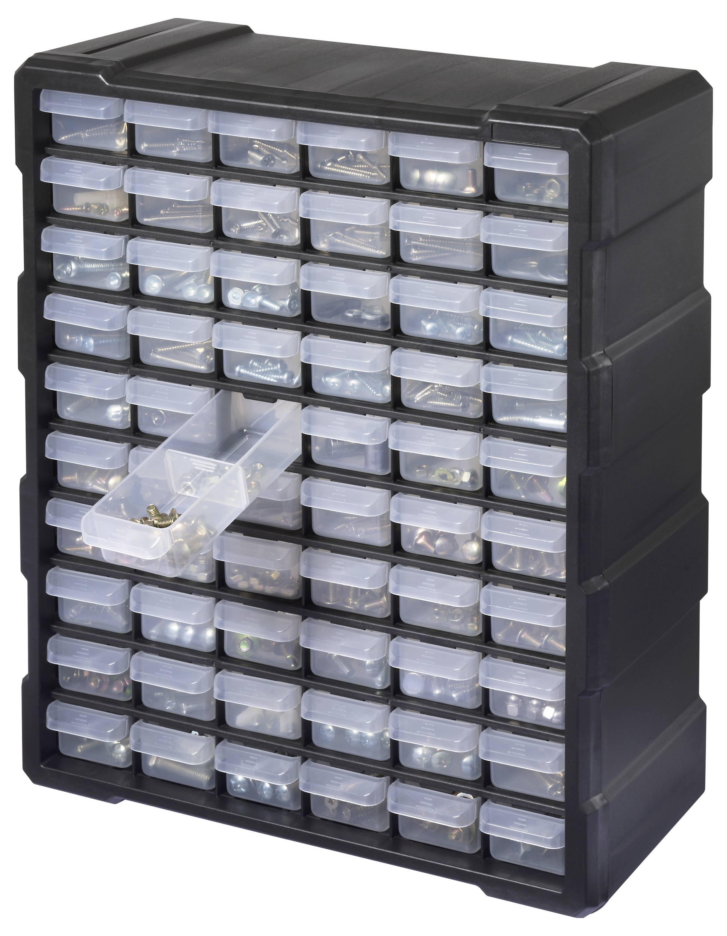 Ein schwarzer Schrank mit mehreren kleinen, durchsichtigen Schubladen, die verschiedene Schrauben, Nägel und Beschläge enthalten. Eine Schublade ist teilweise geöffnet.