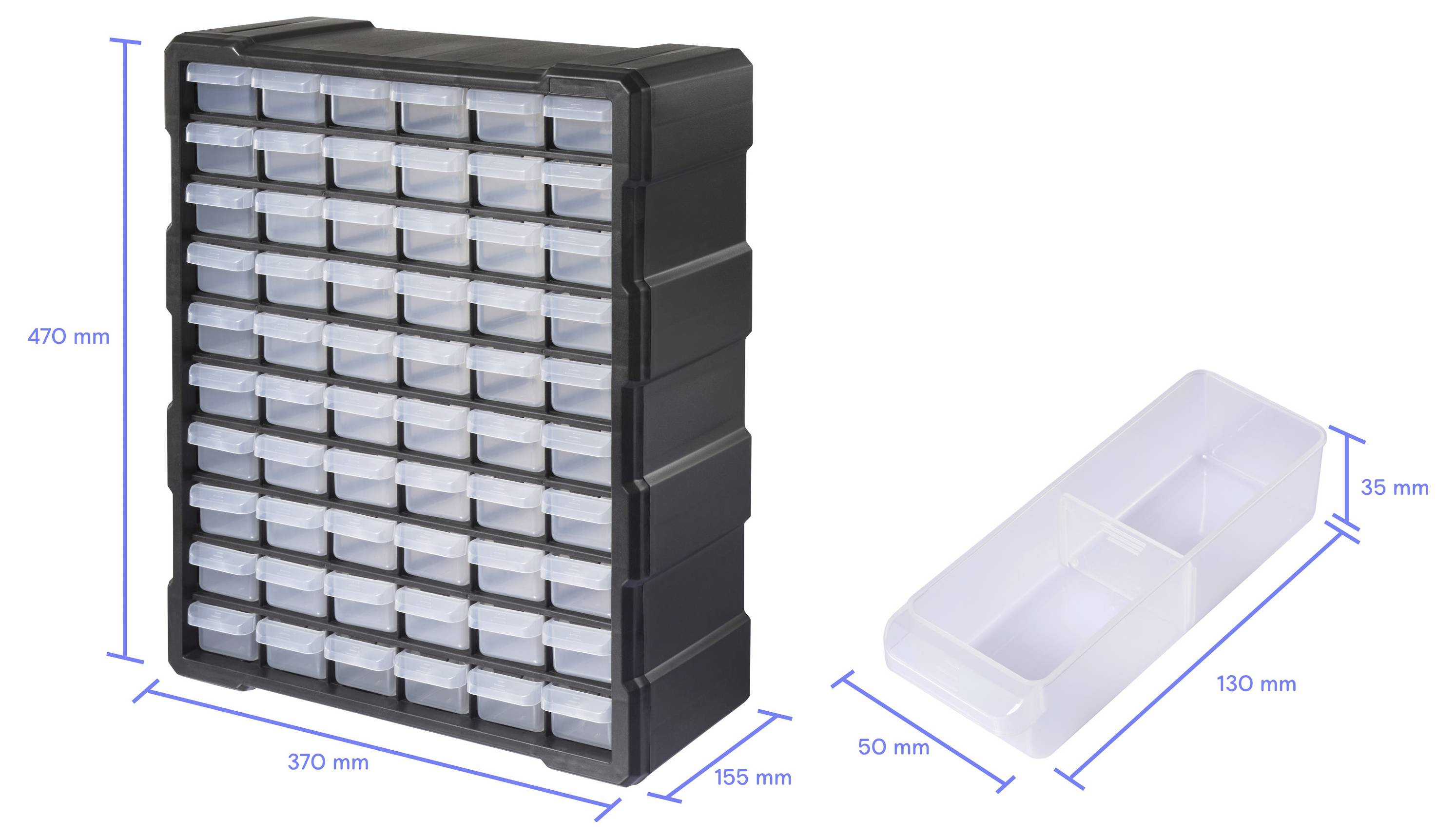 Ein Lagerschrank mit 48 kleinen Schubladen, Abmessungen 470 mm Höhe, 370 mm Breite und 155 mm Tiefe, zusammen mit einer Einzelschubladeneinheit.