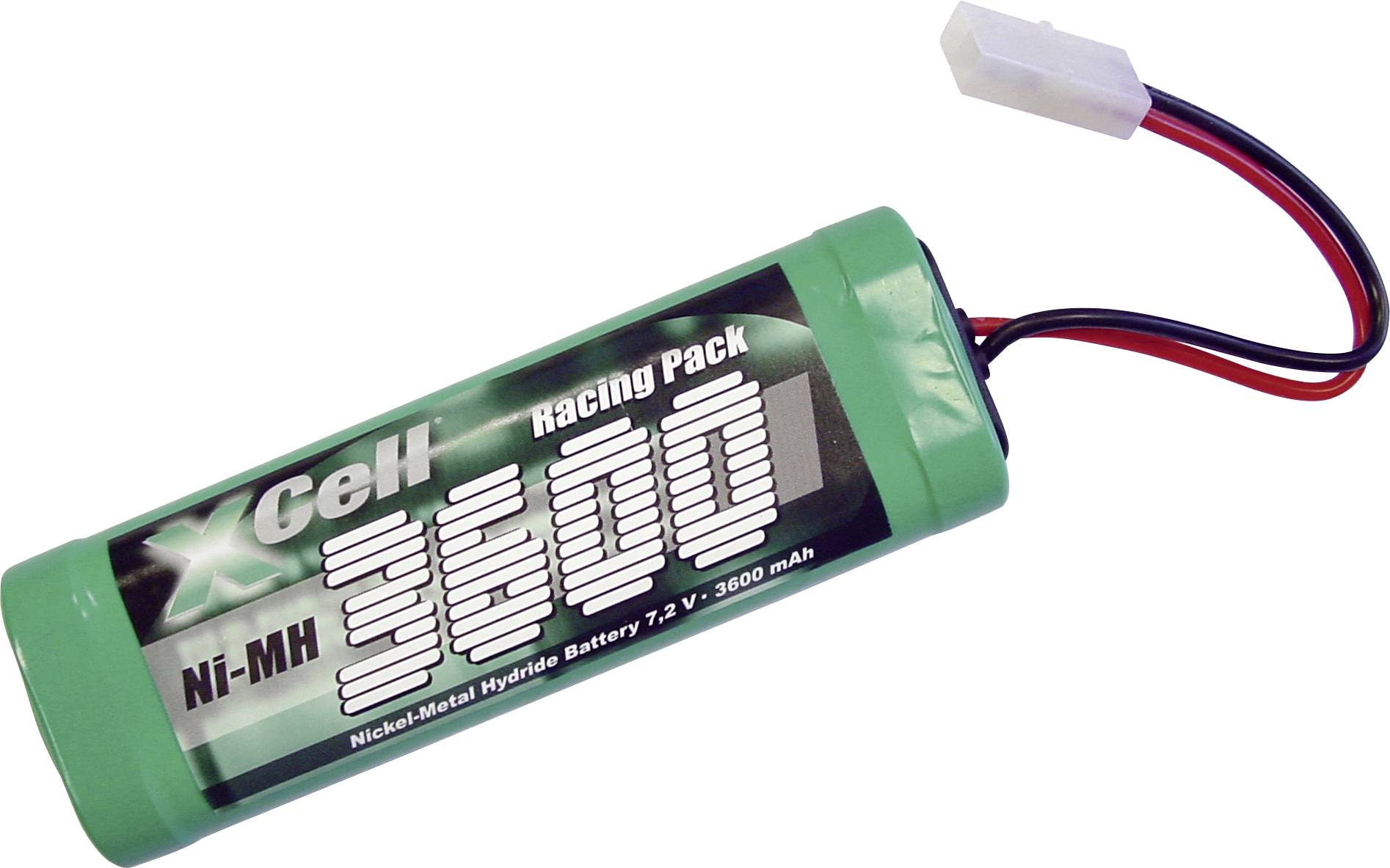 Green Xcell Ni-MH Akku mit 3600 mAh und roten und schwarzen Kabeln, gekennzeichnet mit 7,2V, für Rennwagen-Anwendungen entwickelt.