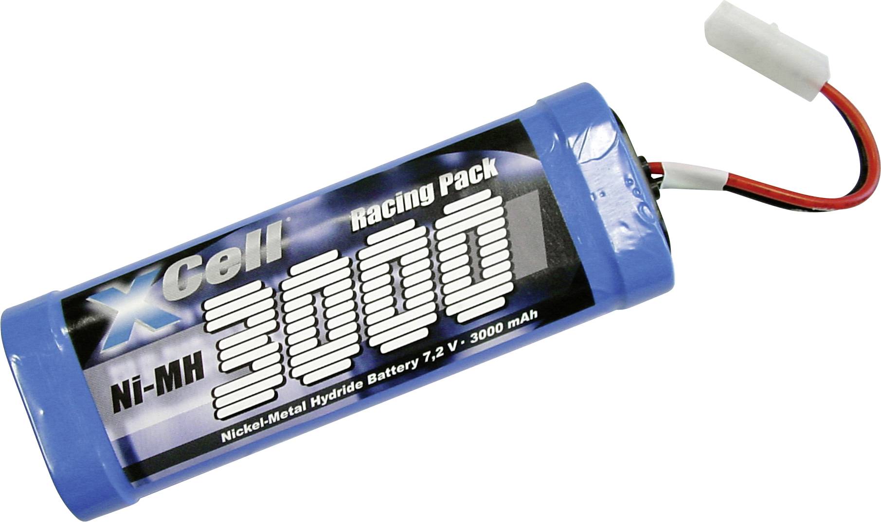 Eine zylindrische blaue Batterie mit der Aufschrift „XCell Racing Pack, Ni-MH 3000, 7,2V – 3000 mAh