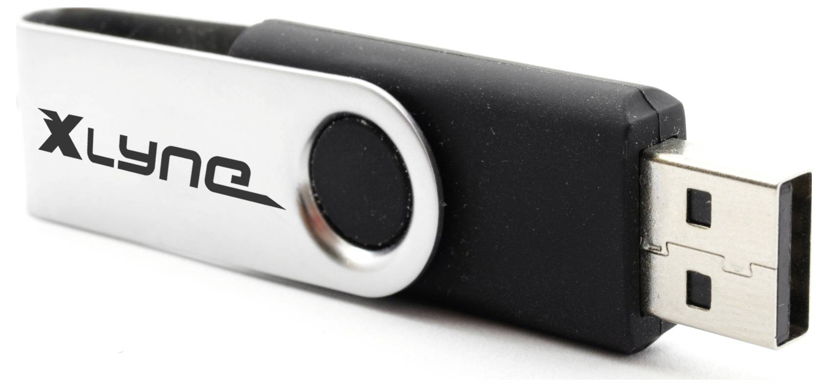 Ein USB-Stick mit drehbarem Metalldeckel mit der Aufschrift 