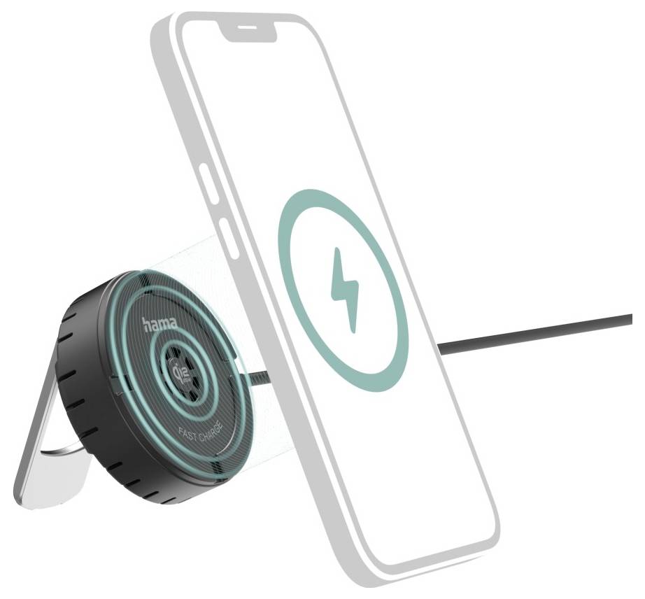 Wireless-Ladetechnologie-Illustration, die ein Smartphone auf einem Ständer zeigt, während ein Ladegerät Signale aussendet.