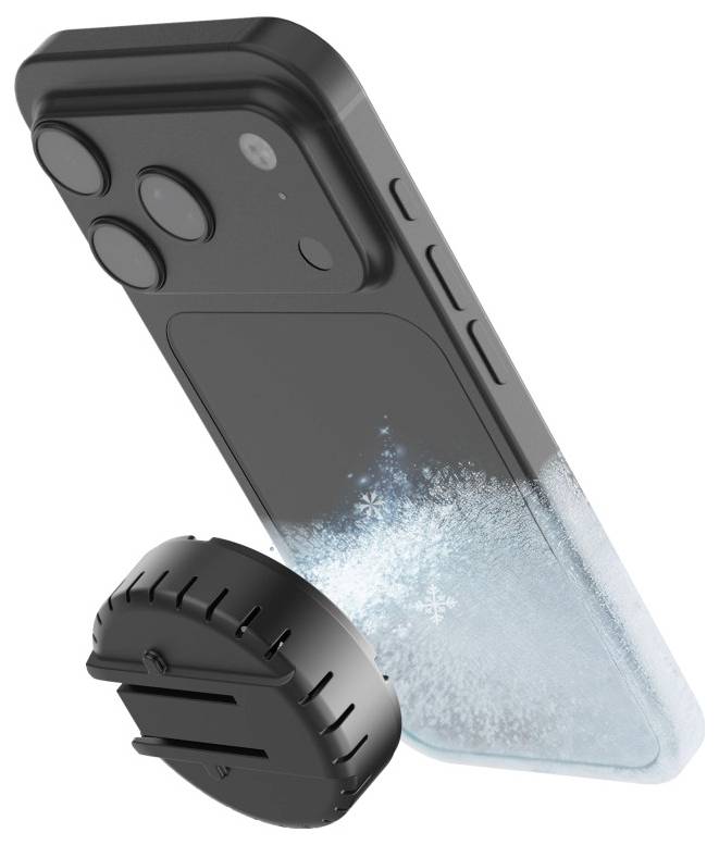 Ein Smartphone mit einer mattiertem Gehäuse und einem abnehmbaren schwarzen Griffhalter.