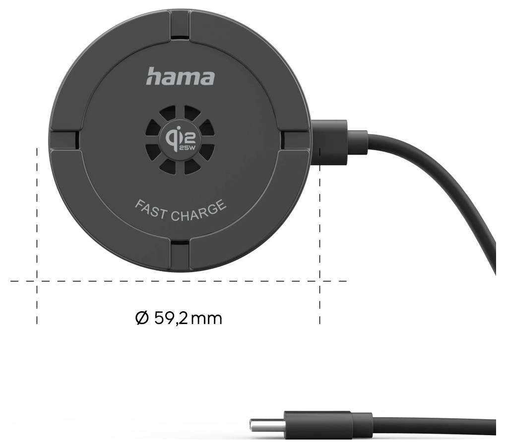 Rundes kabelloses Ladegerät von oben betrachtet, beschriftet mit „Hama" und „Fast Charge", mit einem Durchmesser von 59,2 mm; verbunden über USB-C-Kabel.