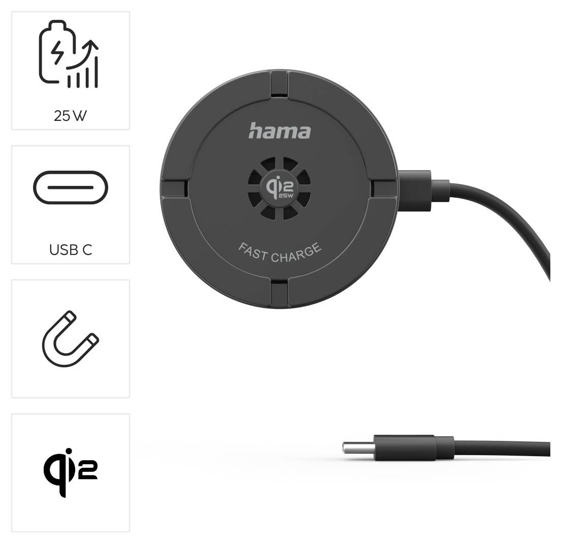 Rundes kabelloses Ladegerät mit der Marke "hama", mit "qi2 fast charge" Kennzeichnung, ausgestattet mit USB-C-Anschluss und 25W-Leistungsausgabe-Symbol.