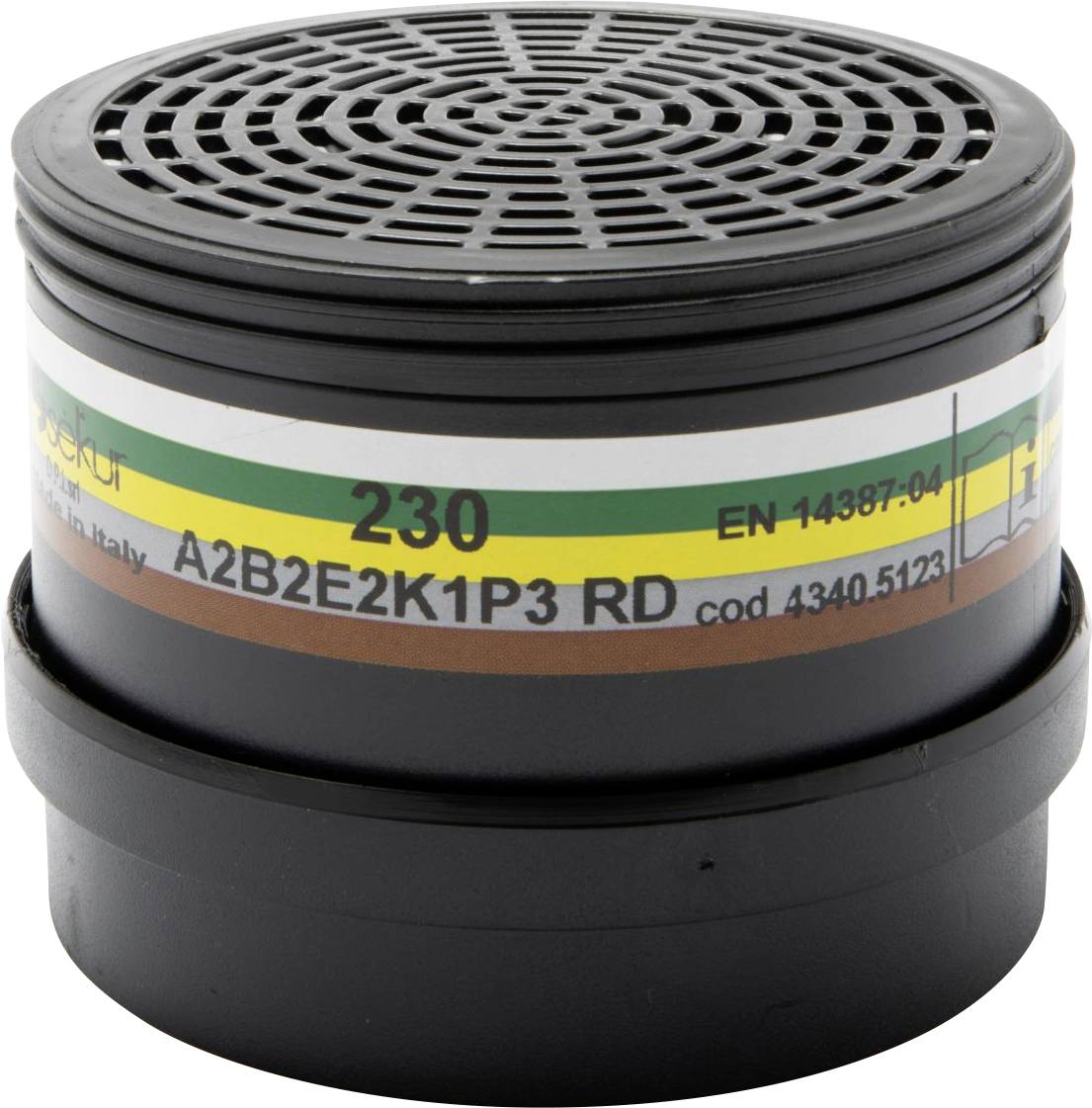 Ein schwarzes zylindrisches Gasmaskenfilter mit der Markierung „230