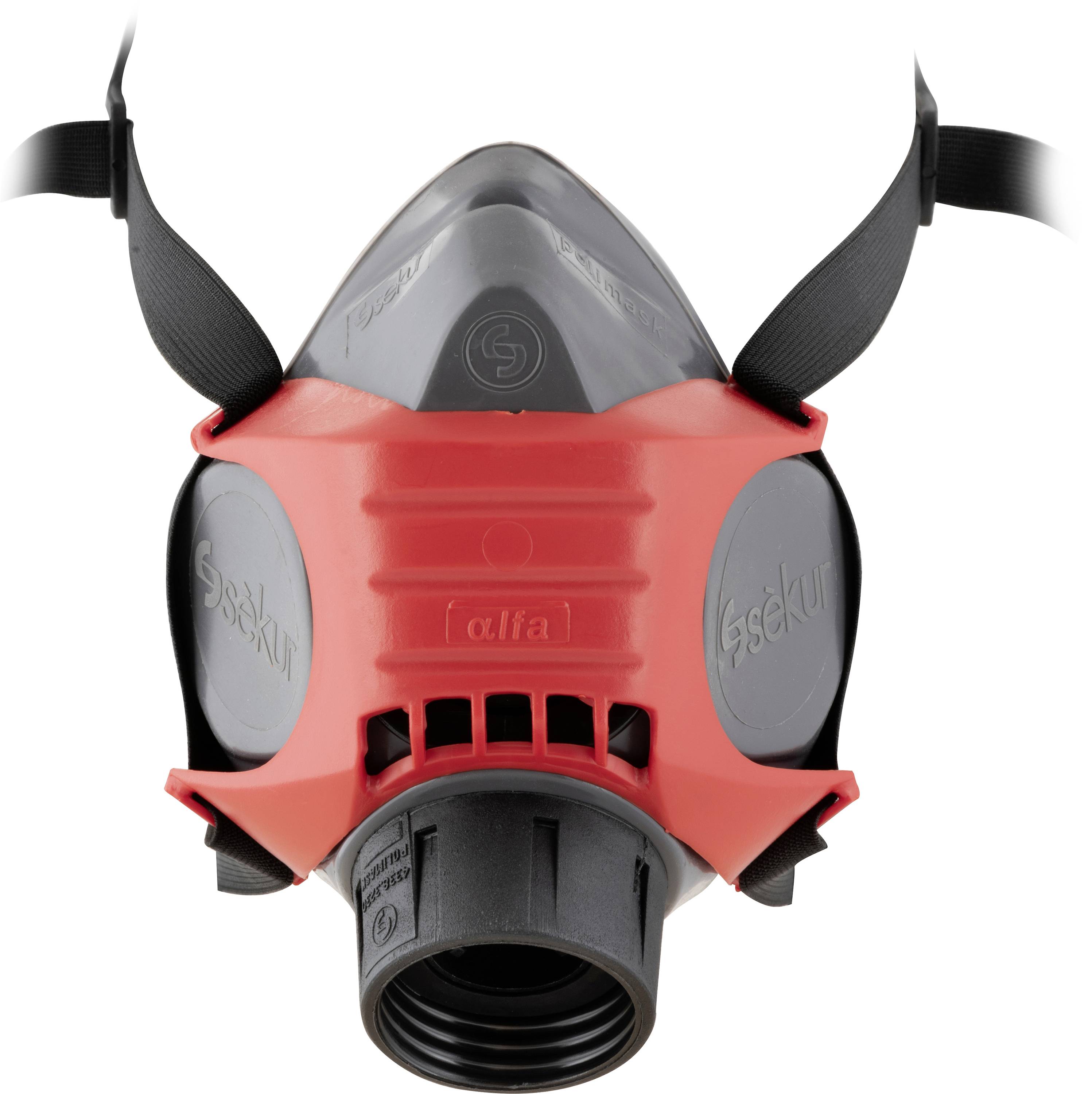Eine rote und schwarze Schutzatemschutzmaske mit vollständiger Gesichtsbedeckung und verstellbaren Riemen, die für den industriellen Einsatz konzipiert ist; verfügt über einen kreisförmigen Atemfilter.
