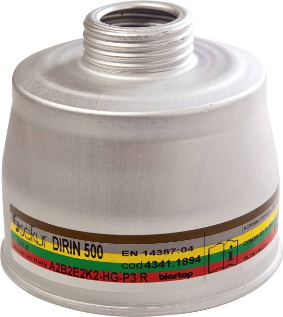 Ein silberner zylindrischer Gasmaskenfilter mit Farbstreifen und der Aufschrift „DIRIN 500