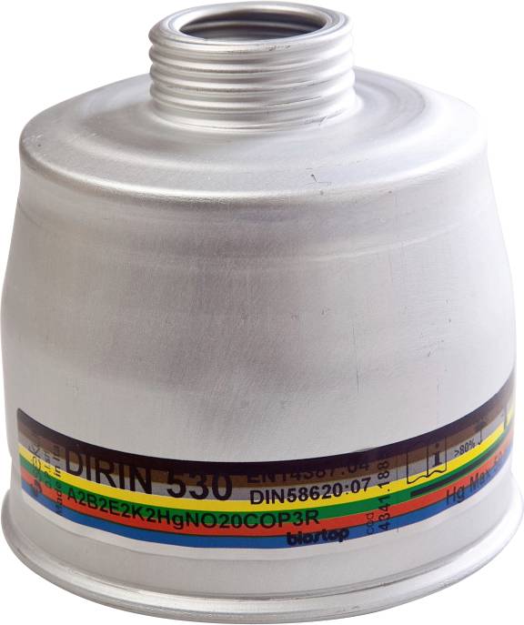 Ein silberner Gaskanister mit Gewinde oben und einem Etikett mit der Modellbezeichnung DIRIN 530. Er hat farbige Bänder, die verschiedene Sicherheitsstandards anzeigen.