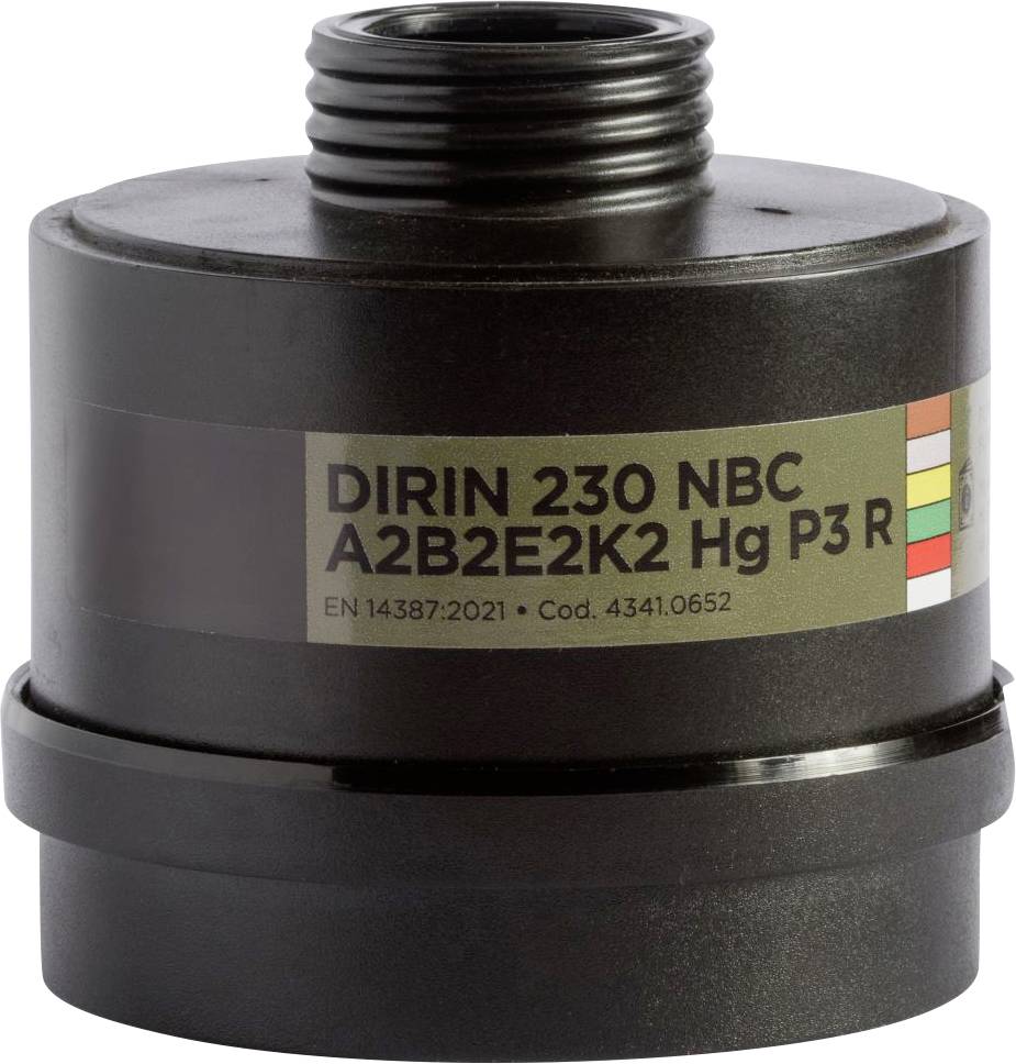 Filterpatrone 'DIRIN 230 NBC A2B2E2K2 Hg P3 R', schwarz, mit farbigen Gefahrenindikatoren, verwendet für den Atemschutz.