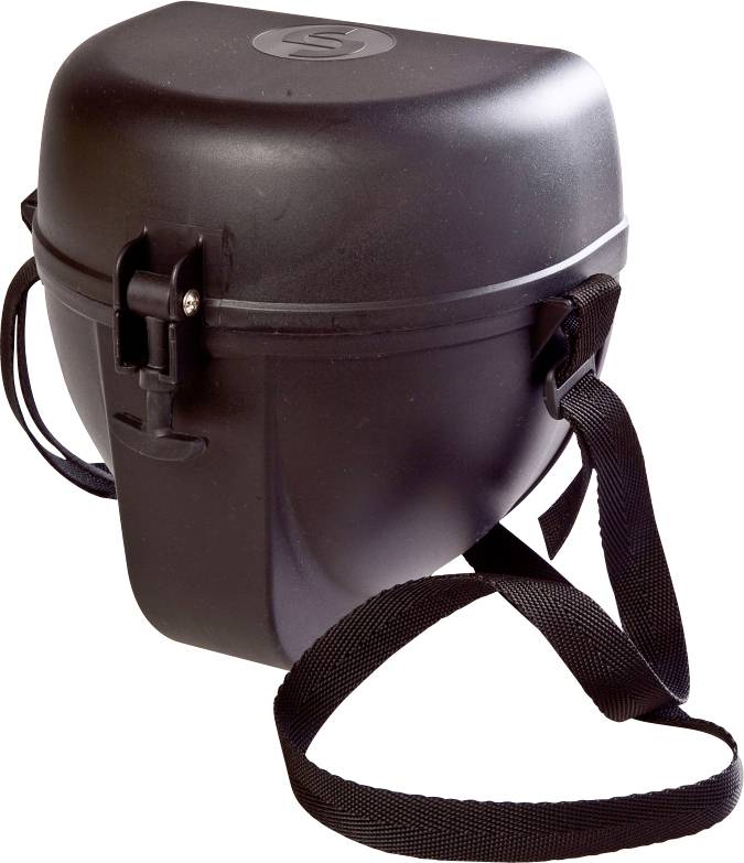 Ein schwarzer, robuster Kunststoffkoffer mit Schultergurt, entwickelt zum Transport und zum Schutz von Ausrüstung oder Gegenständen, mit einem sicheren Verschlussmechanismus.