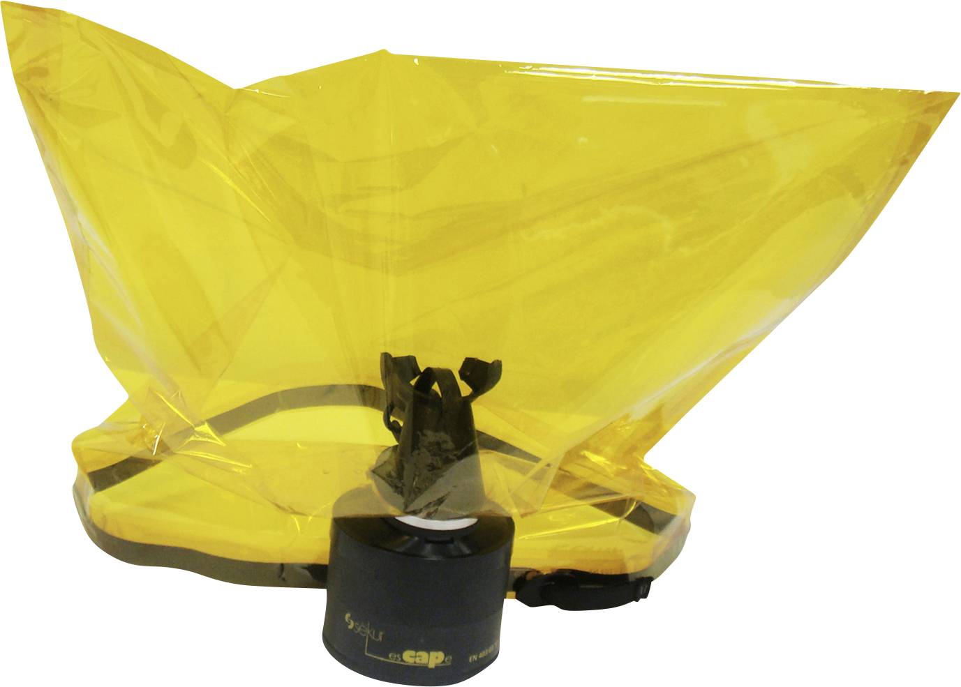 Eine gelbe Notfall-Fluchthaube mit transparentem Visier und schwarzer Filterkartusche unten, entwickelt zum Schutz.