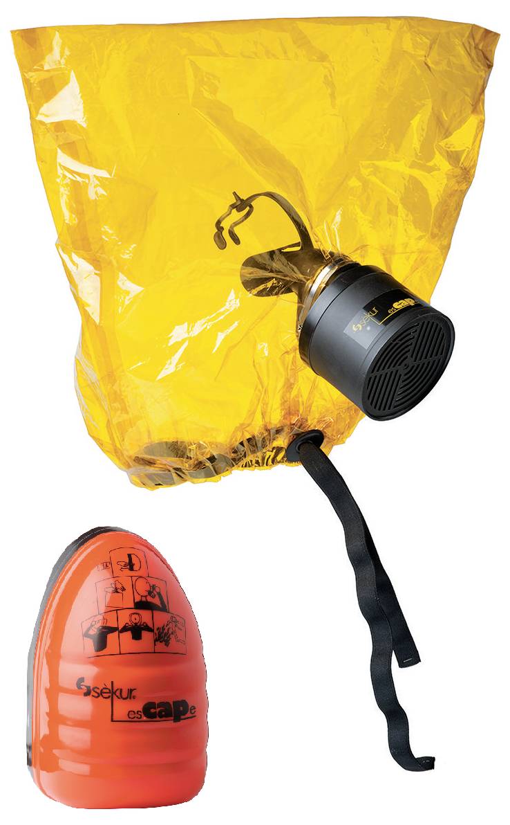 Eine leuchtend orange Notfallfluchthaube mit schwarzem Filter, angebracht an einem passenden orange farbigen, runden Behälter.