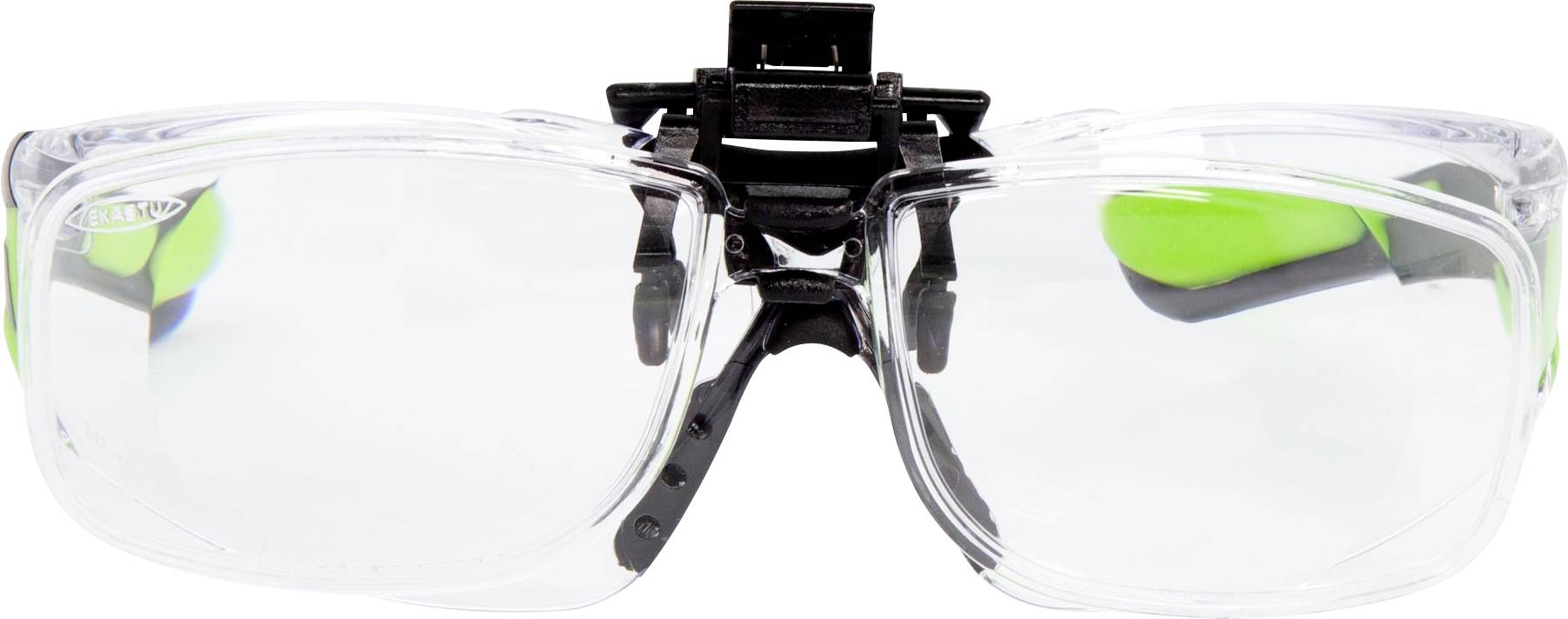 Klare Schutzbrille mit grünen Ohrbügeln und schwarzem verstellbarem Nasensteg, entwickelt für Sicherheitszwecke.