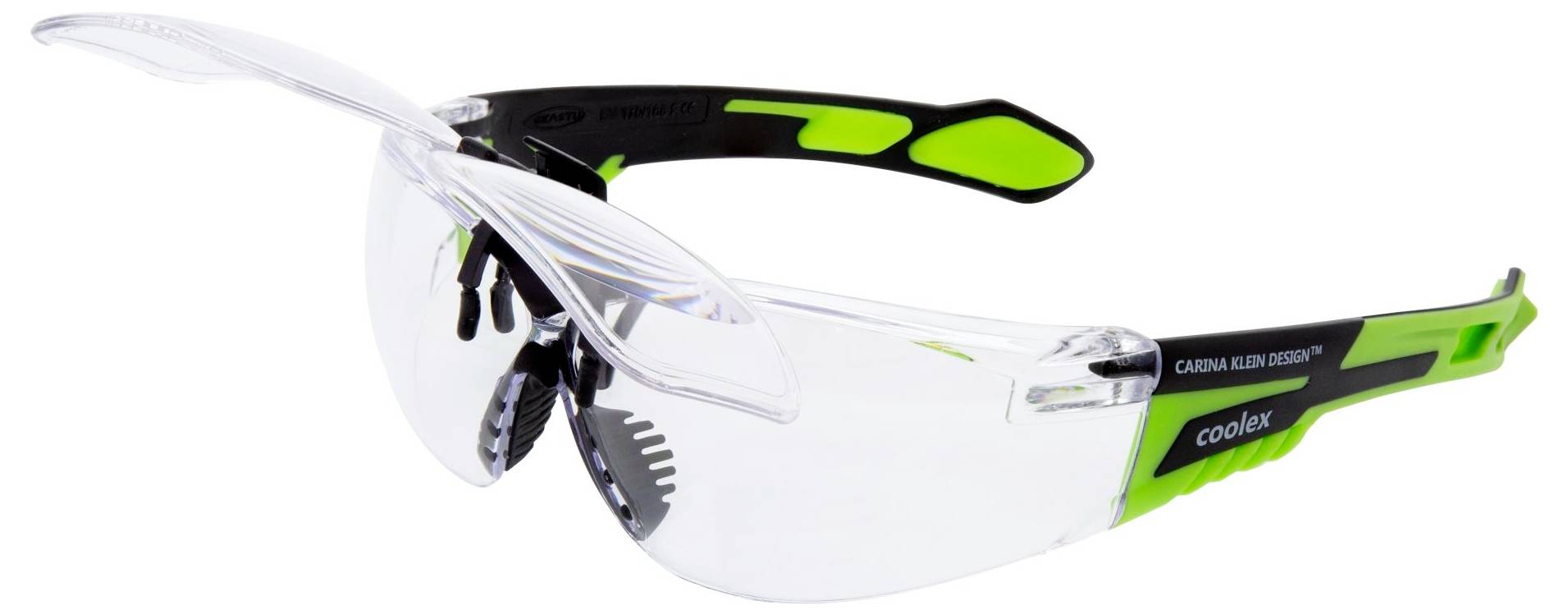 Schutzbrille mit klaren Gläsern und verstellbaren grün-schwarzen Bügeln, mit Seitenschutzschildern für zusätzlichen Augenschutz.