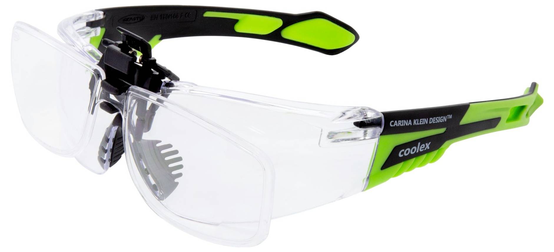 Schutzbrille mit transparenten Gläsern, schwarzem und leuchtend grünem Rahmen, konzipiert für den Augenschutz in Bau- oder Laborumgebungen.