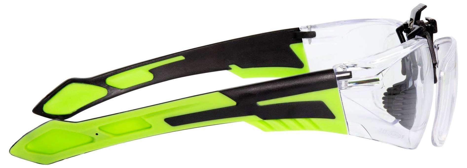 Schutzbrille mit klaren Gläsern und lebendigen grün-schwarzen Rahmen.