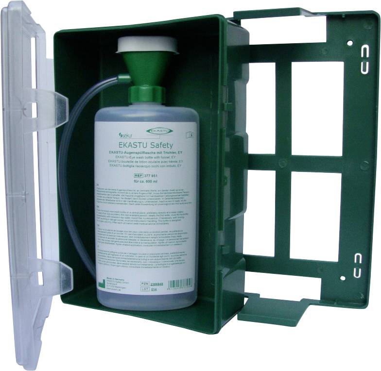 Notfall-Augenspülstation mit offener grüner Schachtel, die eine Flasche mit der Aufschrift 'Ekastu Safety' zeigt.