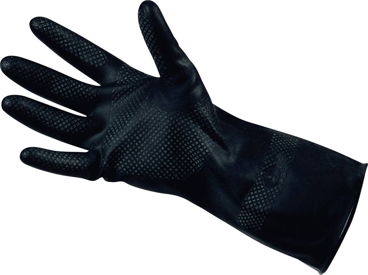 Ein schwarzer Gummihandschuh mit strukturierter Griffoberfläche, konzipiert zum Reinigen oder Handhaben von Materialien, vor weißem Hintergrund dargestellt.