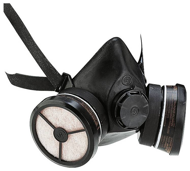 Eine schwarze Atemschutzmaske mit doppelten runden Filtern auf jeder Seite, entwickelt zum Schutz vor Partikeln und Gasen, mit verstellbaren Riemen.