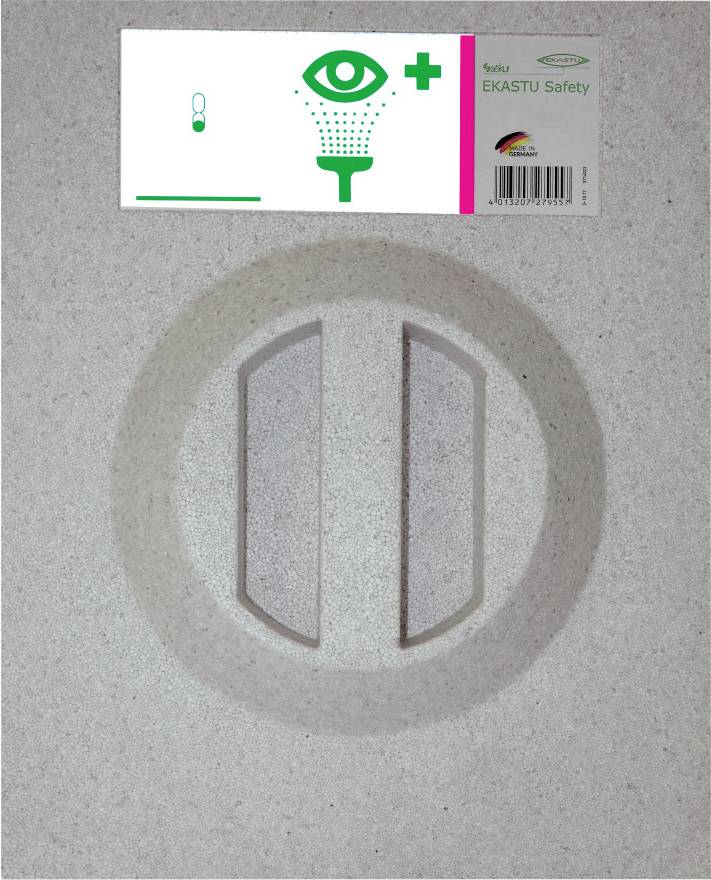 'EKASTU Safety' Kennzeichnung: Grünes Auge mit Wasserspray-Symbol für Augenschutz.