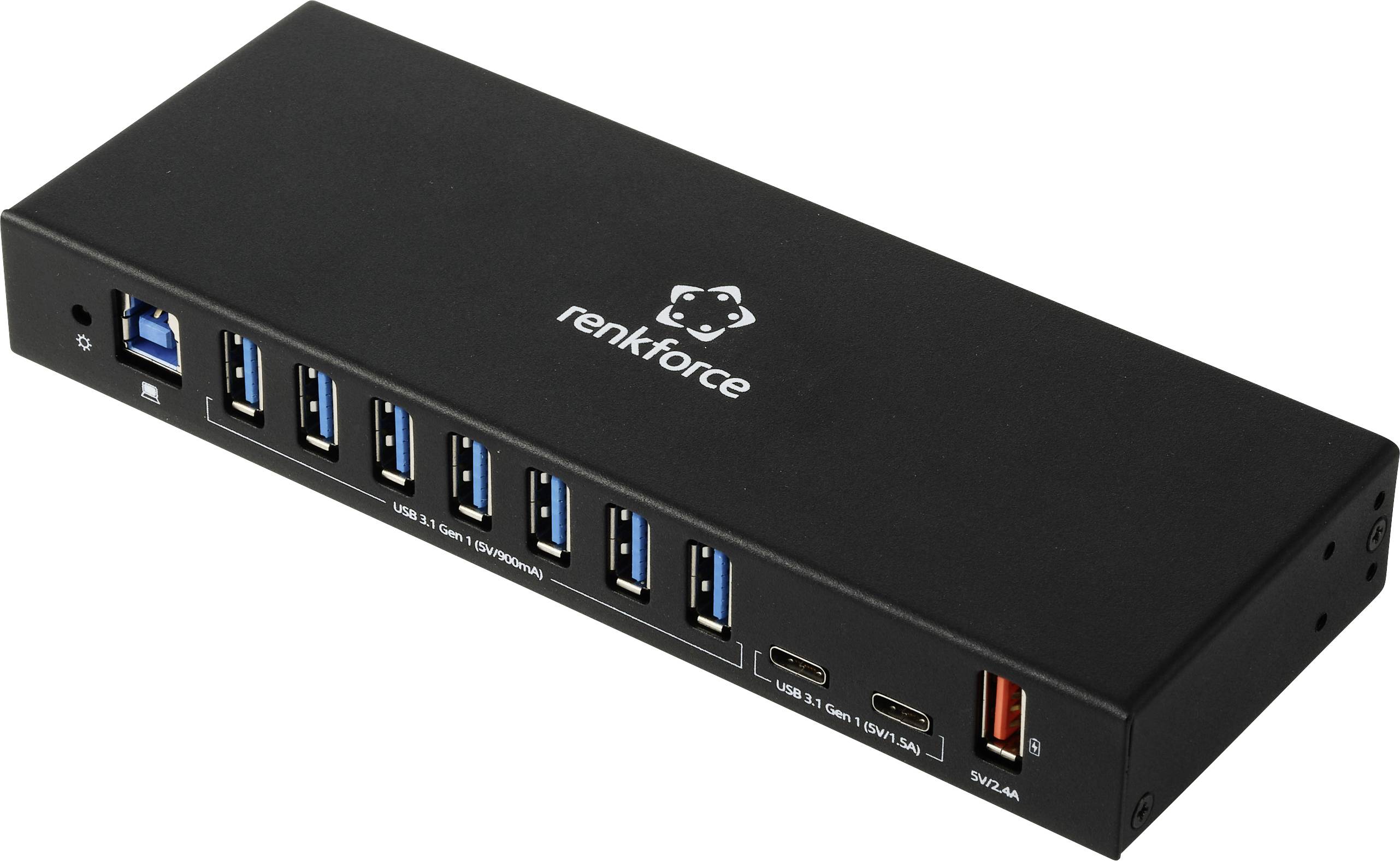 Schwarzer Renkforce USB-Hub mit sieben blauen USB-A-Anschlüssen, einem USB-C-Anschluss und einem roten USB-A-Anschluss mit der Bezeichnung „BC 1.2