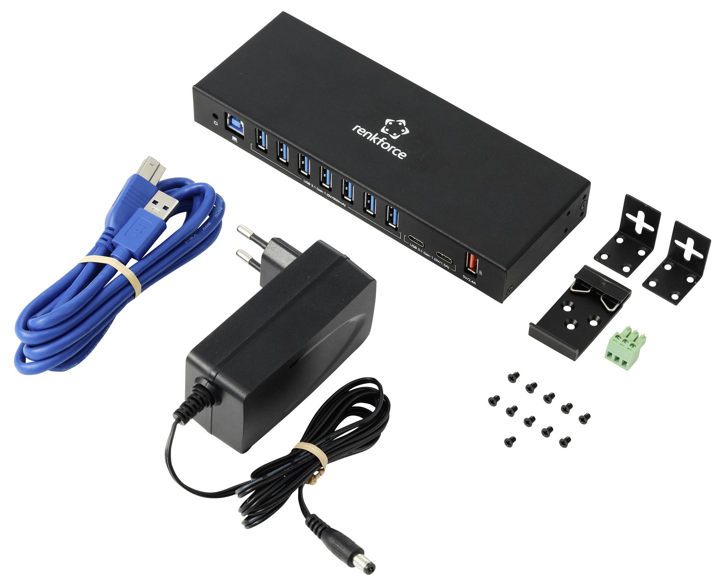 USB 3.0 Hub-Kit mit schwarzem 7-Port-Hub, blauem USB-Kabel, Netzteil, Montageklammern, grünem Klemmblock und Schrauben.