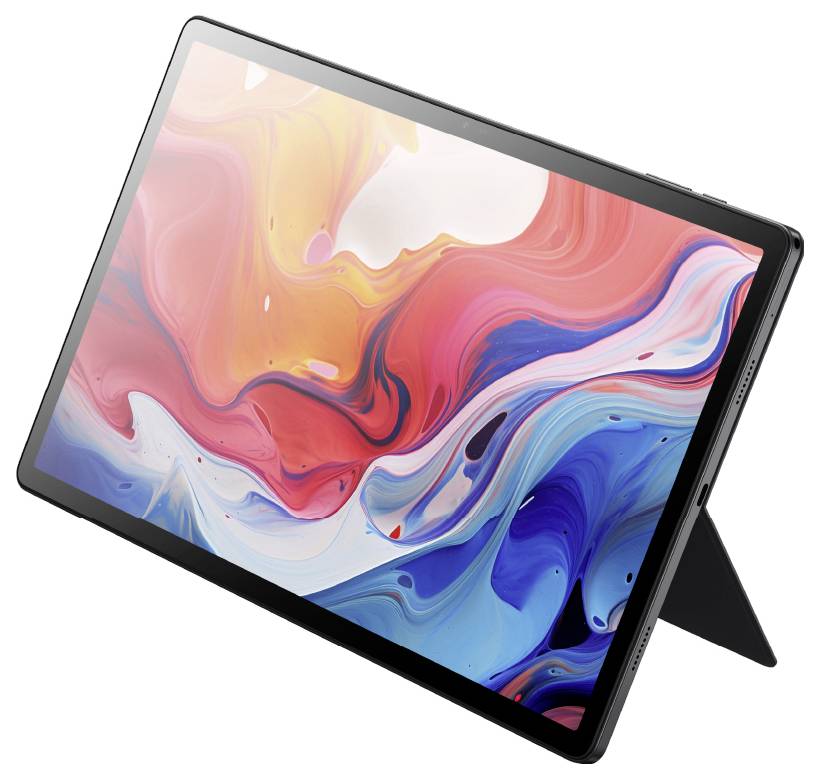 Ein Tablet mit einem lebendigen, abstrakten Musterwirbel auf dem Bildschirm, das rote, blaue und orangefarbige Farben anzeigt, ruht auf einem Ständer.