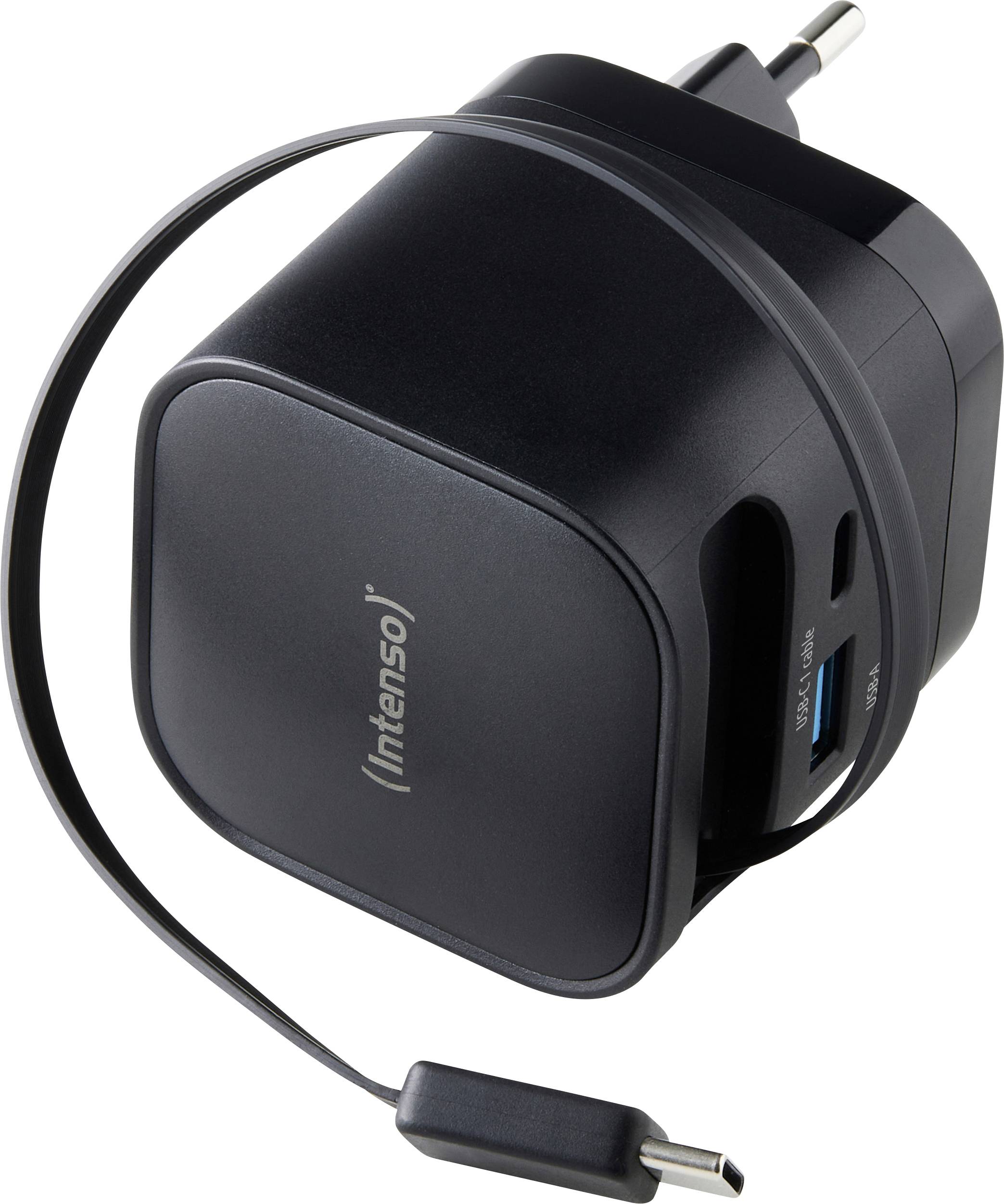 Ein schwarzes elektronisches Ladegerät mit USB-Anschluss und angeschlossenem Kabel mit USB-C-Stecker. Die Marke „Intenso