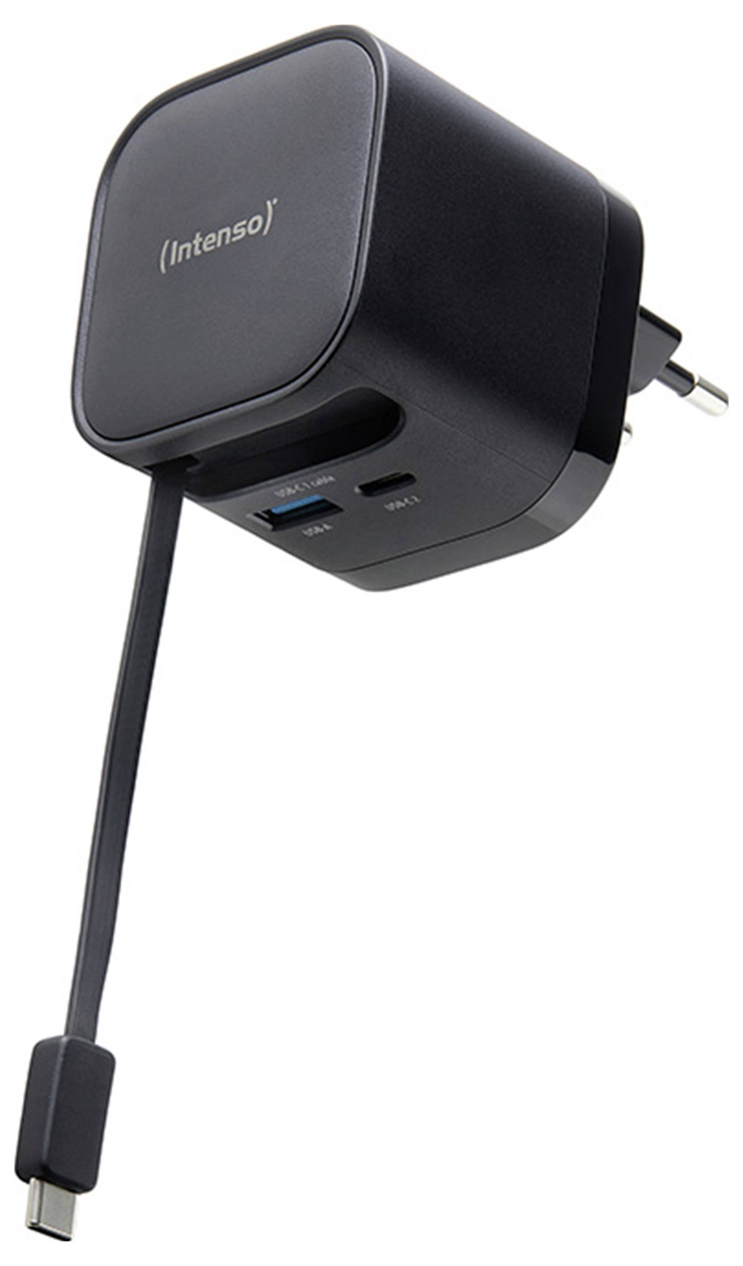 Ein schwarzes Wandladegerät mit einem USB-Anschluss, einem Micro-USB-Anschluss und einem angebrachten Kabel mit USB-C-Stecker. Mit der Aufschrift „Intenso
