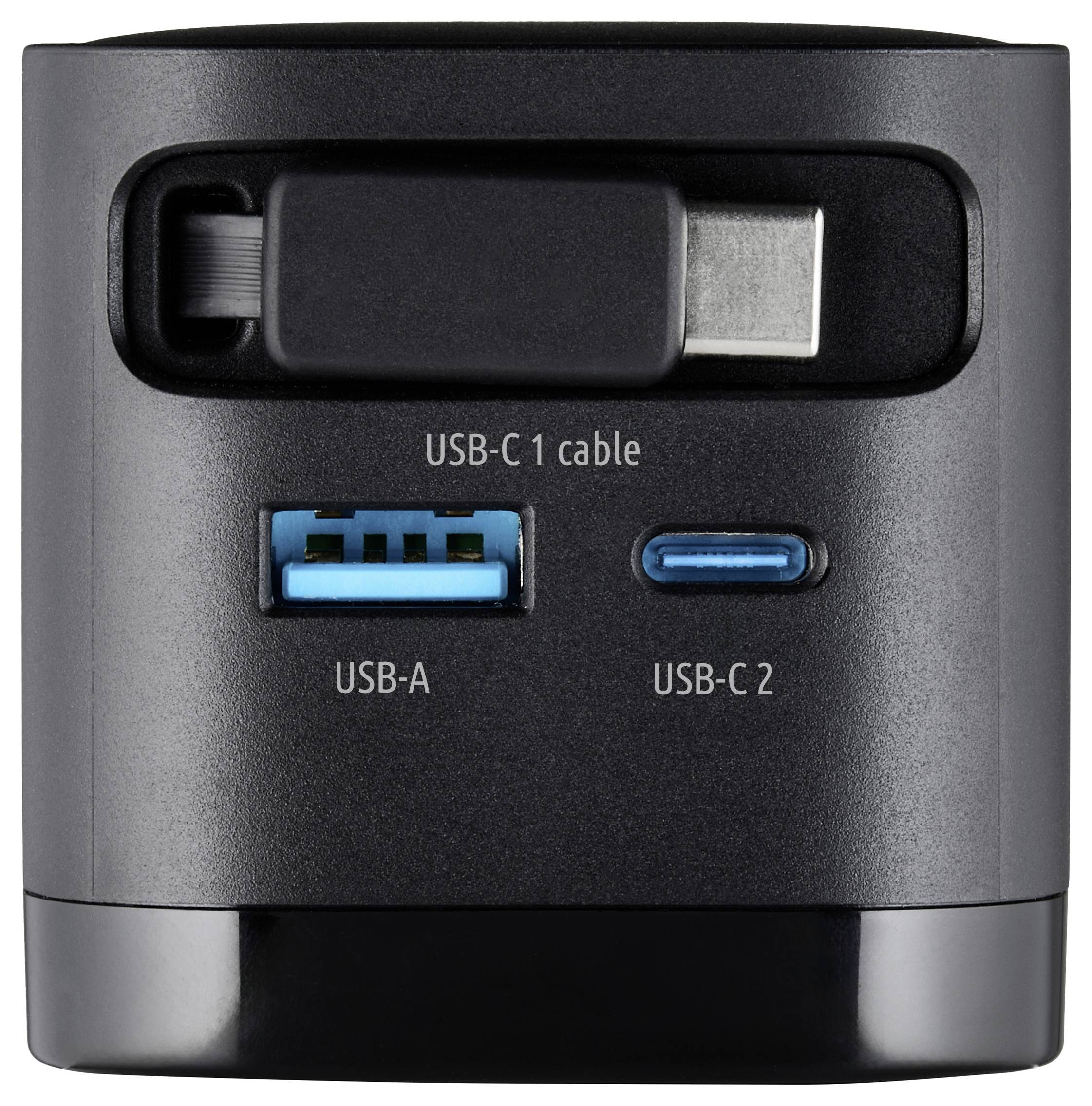 Ein Stromadapter mit einem ausziehbaren USB-C-Kabel und Anschlüssen: einen USB-A und einen USB-C mit der Bezeichnung „USB-C 2